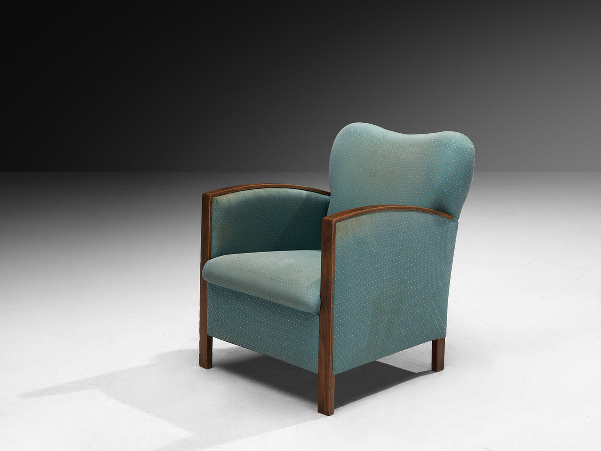 Pair of Art Deco Lounge Chairs in Oak and Soft Turquoise Fabric Seating Morentz