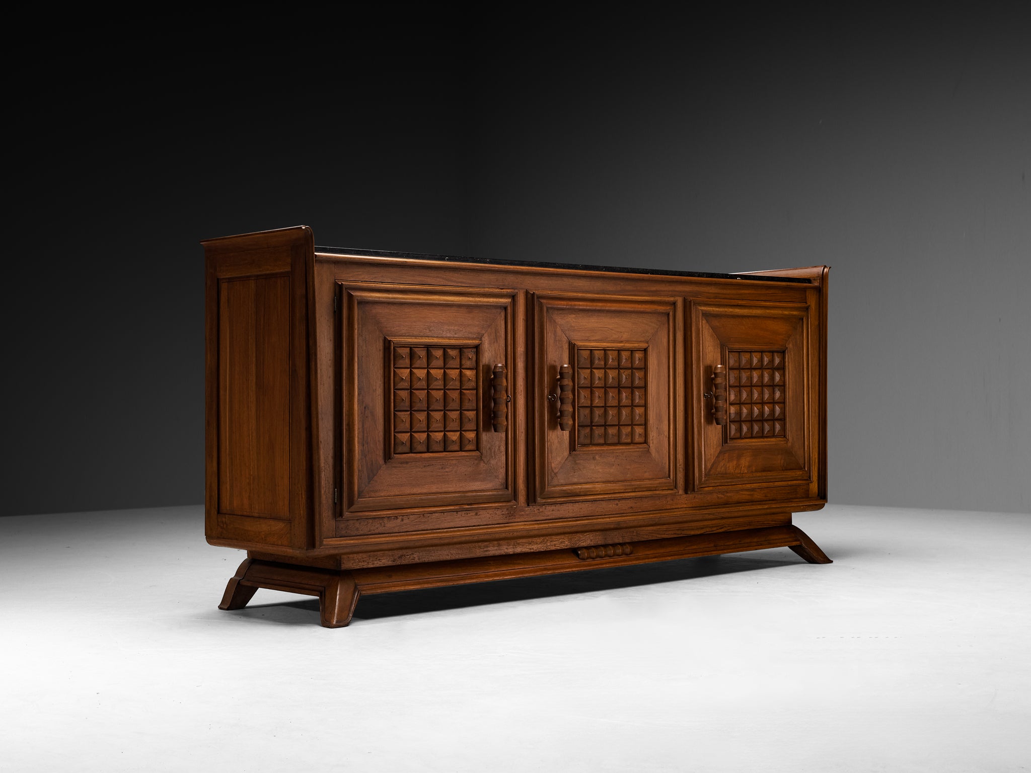 1940s French Art Deco Sideboard in Solid Walnut and Fossil Stone Case pieces and storage cabinets Morentz