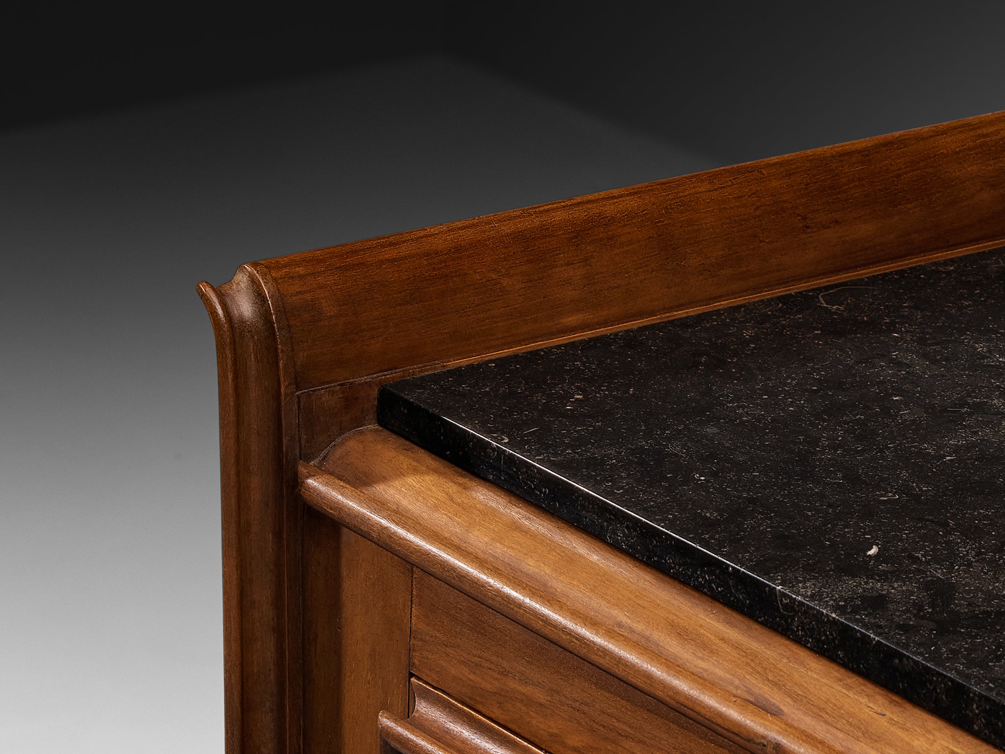 1940s French Art Deco Sideboard in Solid Walnut and Fossil Stone Case pieces and storage cabinets Morentz