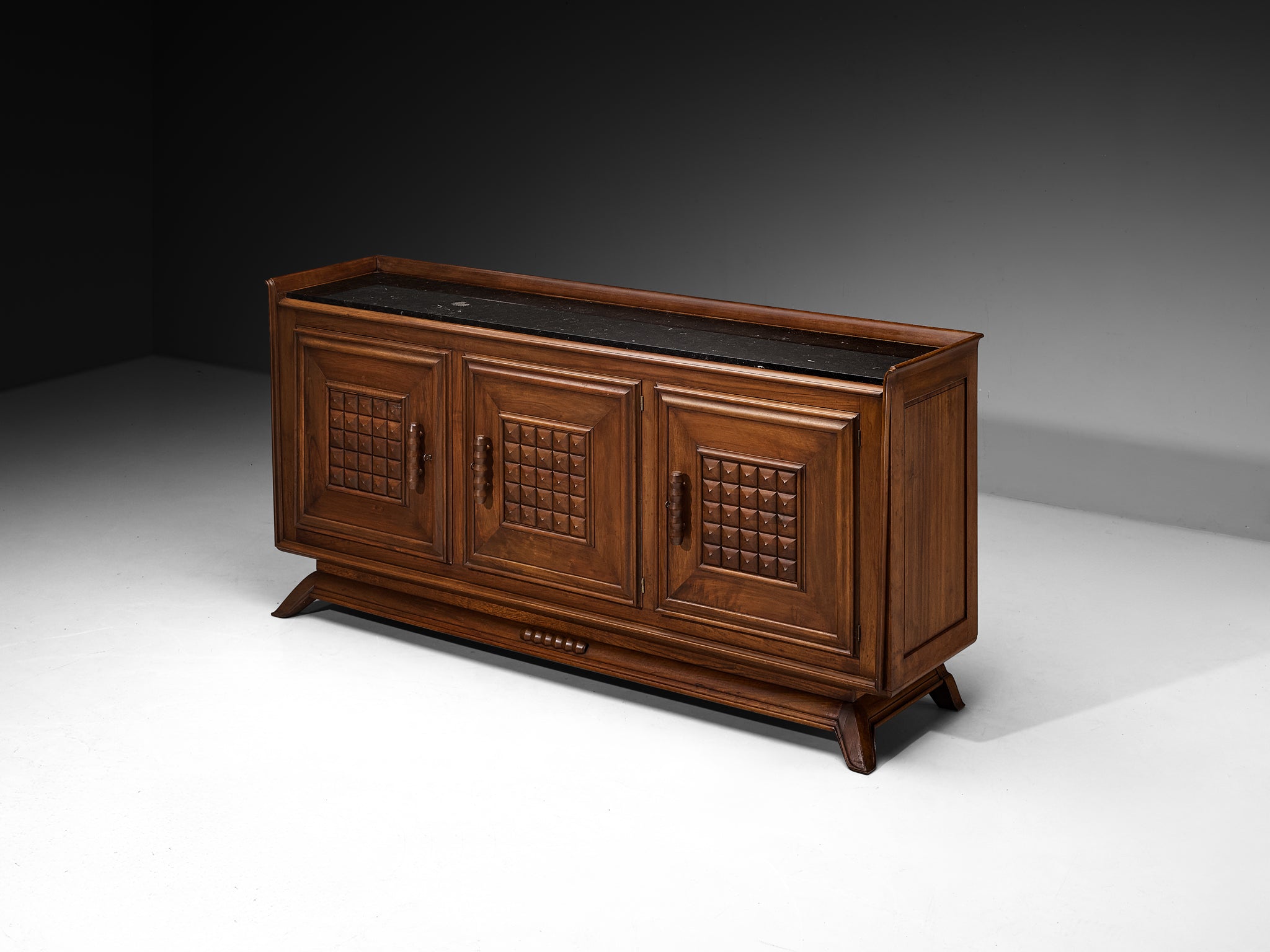 1940s French Art Deco Sideboard in Solid Walnut and Fossil Stone Case pieces and storage cabinets Morentz