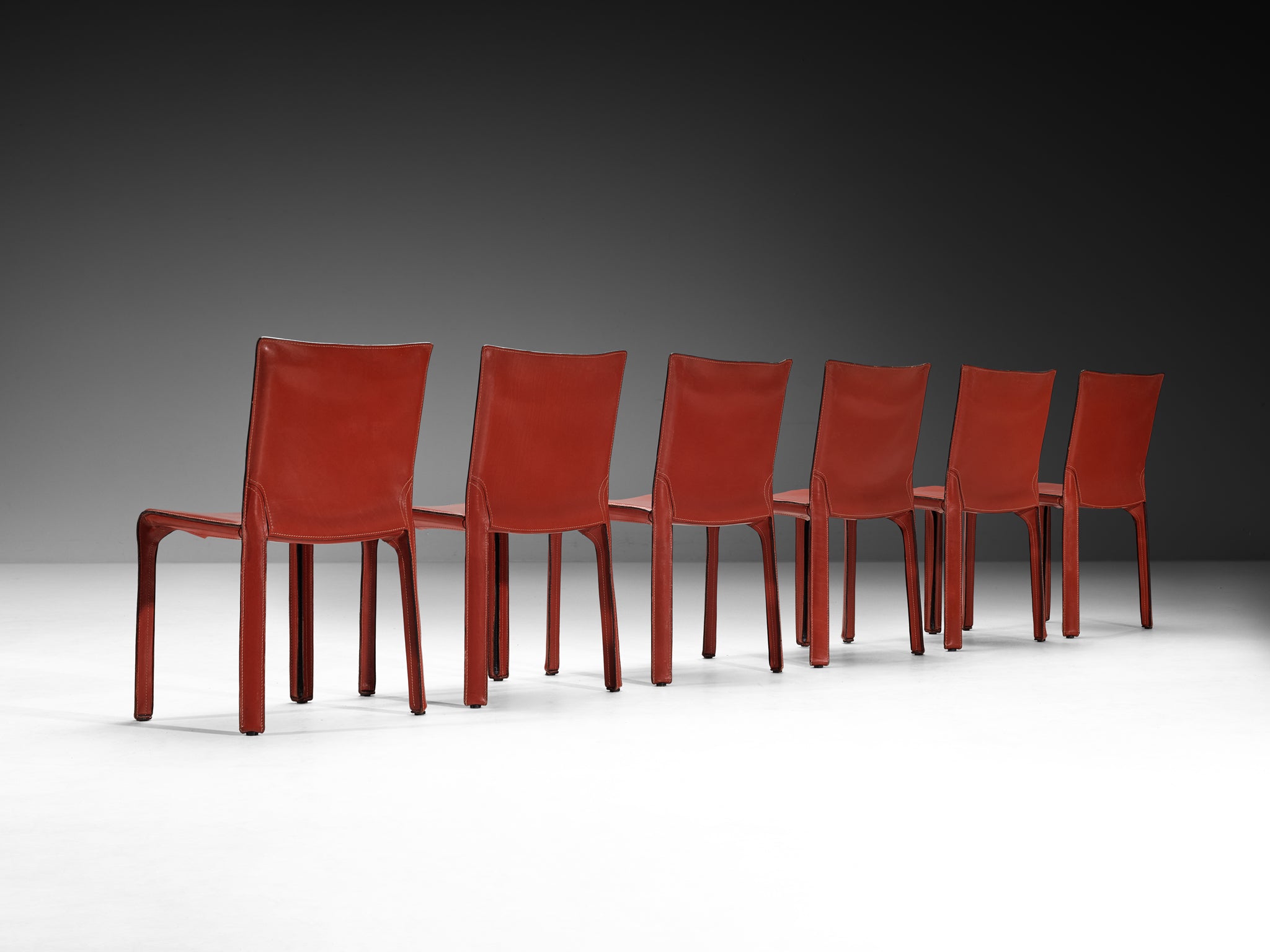 Mario Bellini for Cassina Set of Six 'Cab' Dining Chairs in Red Brown Leather Seating Morentz