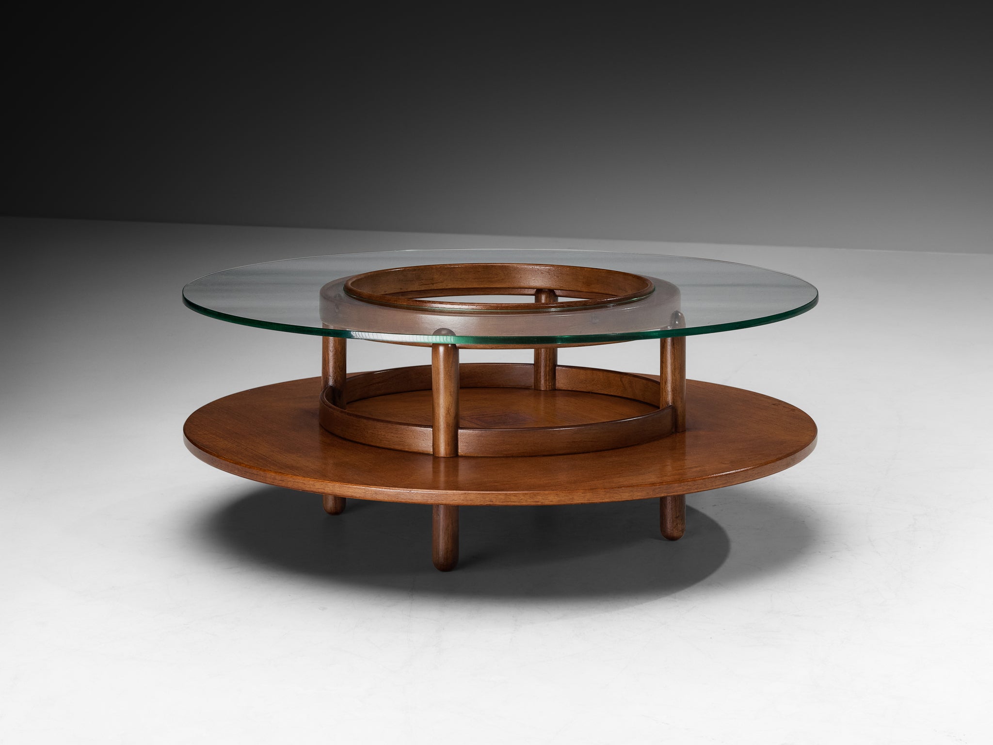 Gianfranco Frattini Round Coffee Table in Walnut and Glass Tables Morentz
