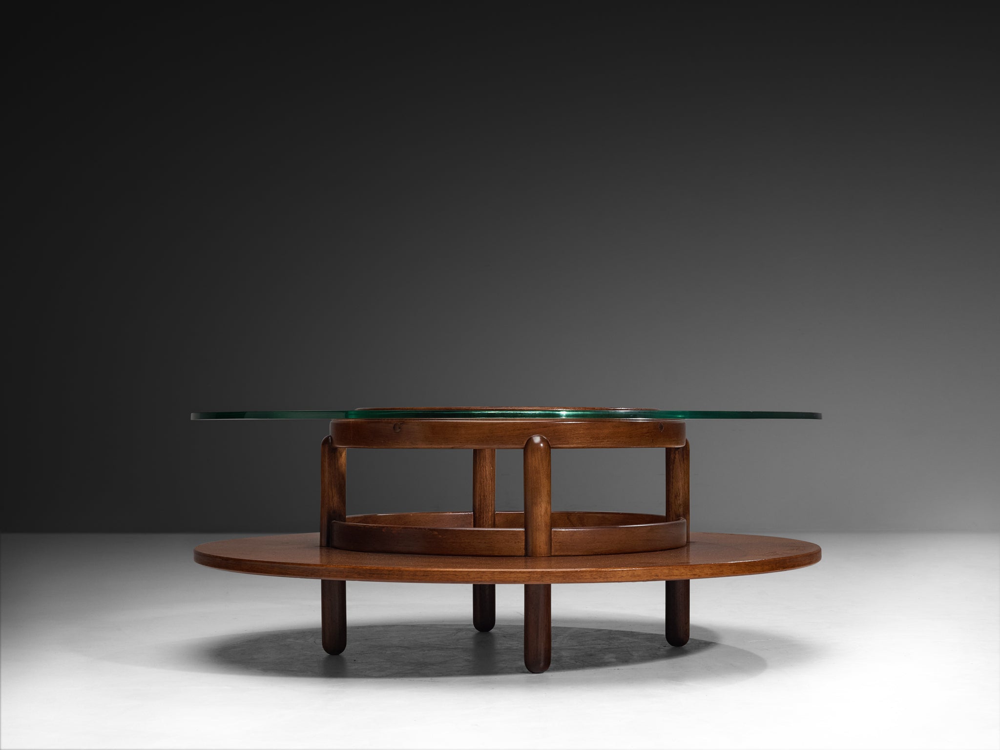 Gianfranco Frattini Round Coffee Table in Walnut and Glass Tables Morentz