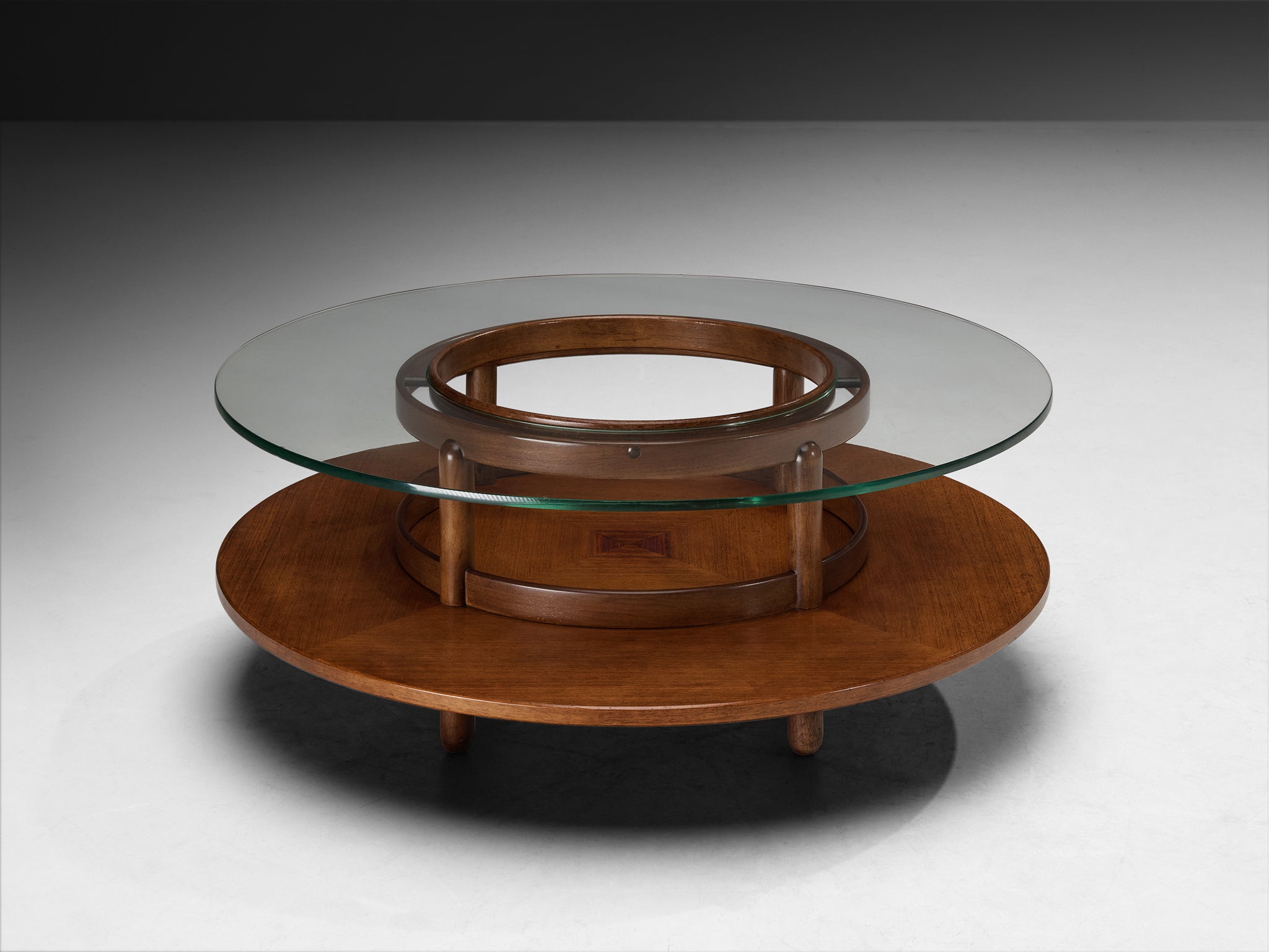 Gianfranco Frattini Round Coffee Table in Walnut and Glass Tables Morentz