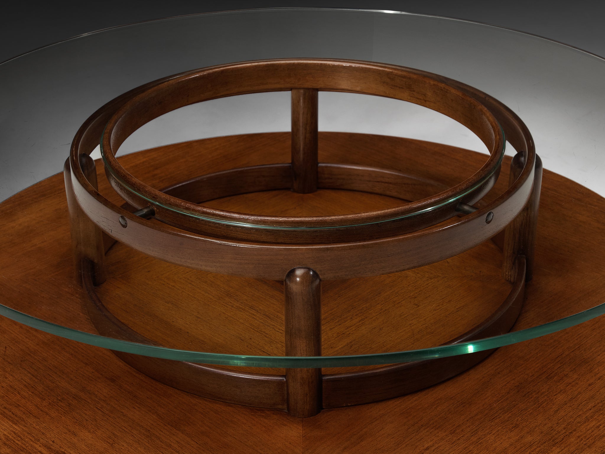 Gianfranco Frattini Round Coffee Table in Walnut and Glass Tables Morentz