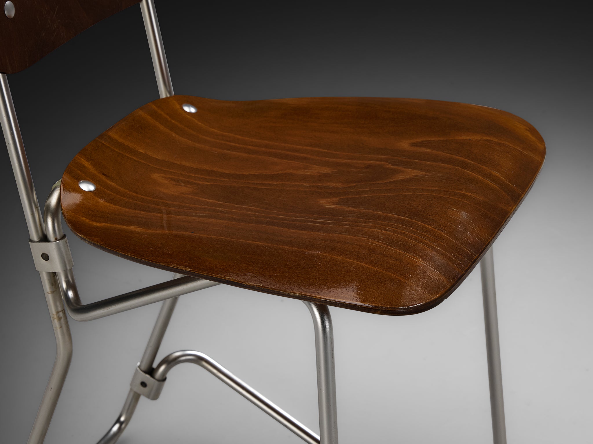 Armin Wirth 'Aluflex' Folding and Nesting Chairs in Rare Dark Plywood and Aluminum Seating Morentz