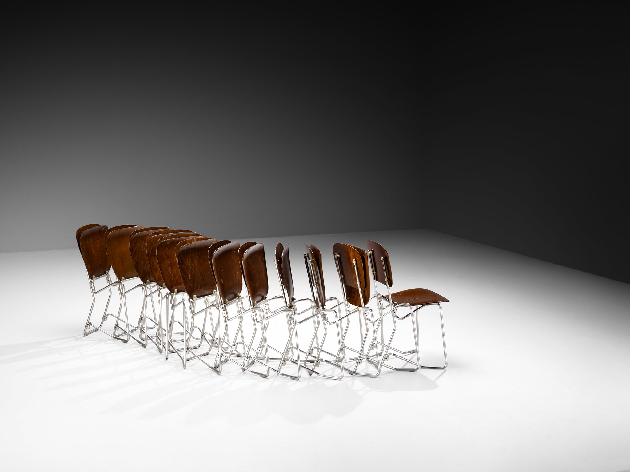 Armin Wirth 'Aluflex' Folding and Nesting Chairs in Rare Dark Plywood and Aluminum Seating Morentz