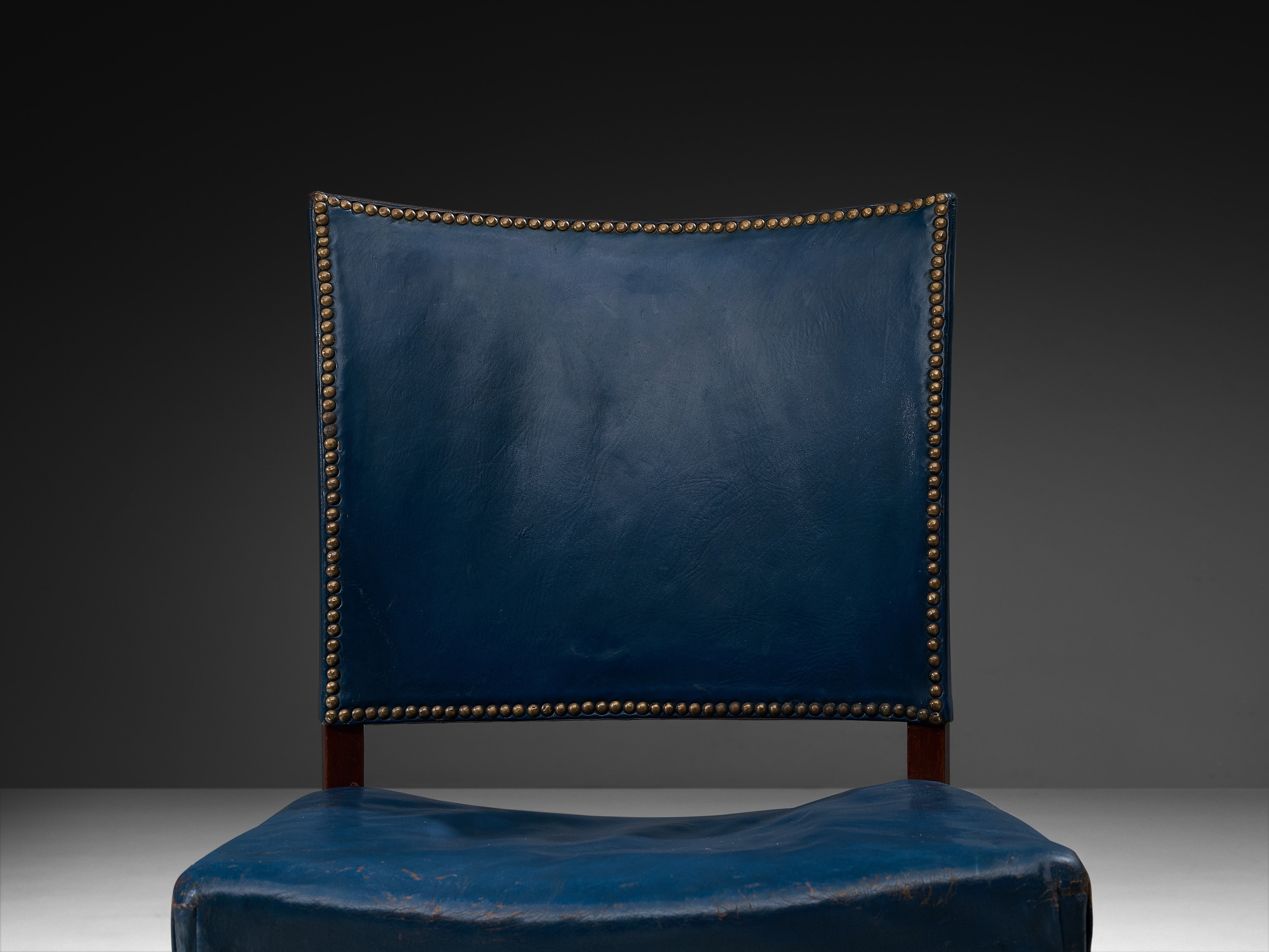 Danish Modern 1940s Set of Six Dining Chairs in Blue Leather and Mahogany Seating Morentz