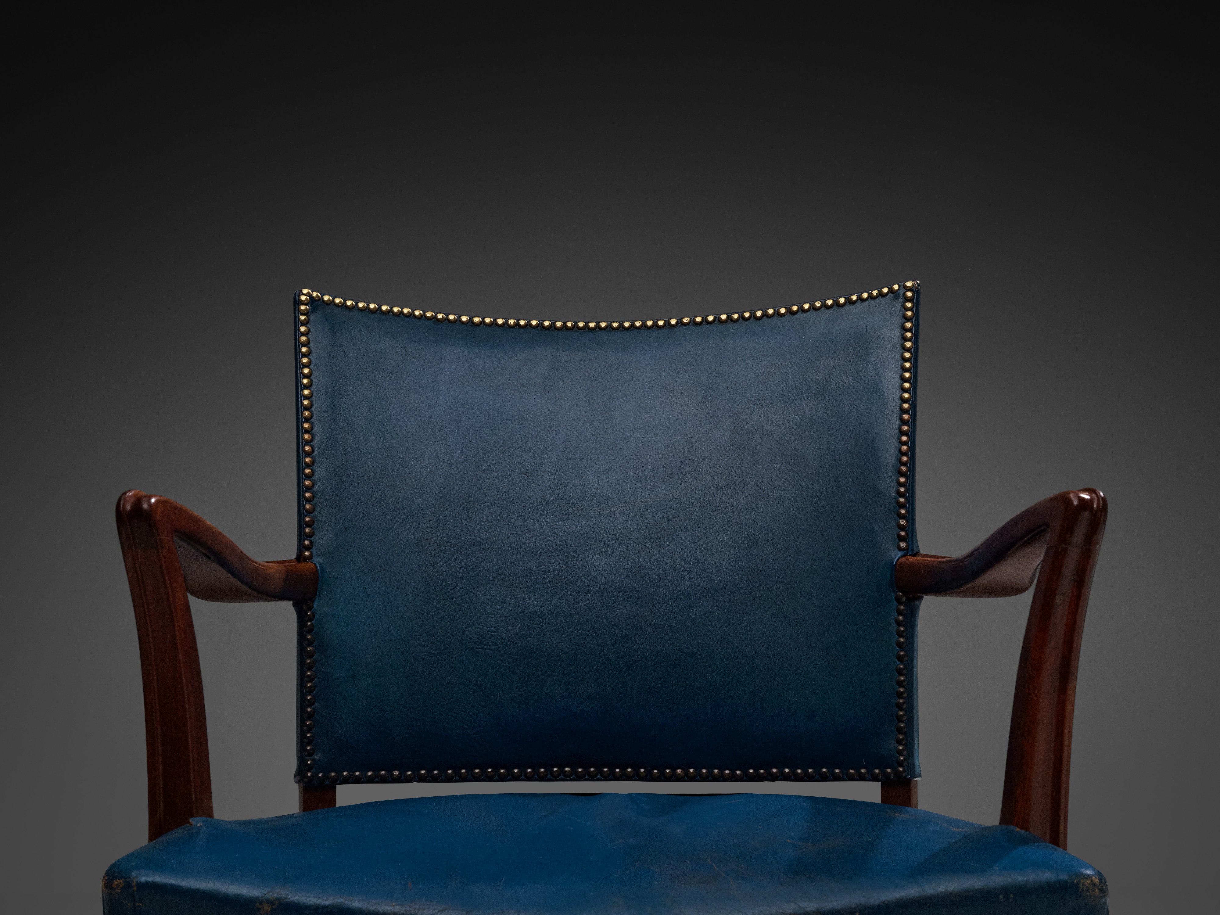 Danish Modern 1940s Armchair in Blue Leather and Mahogany Seating Morentz
