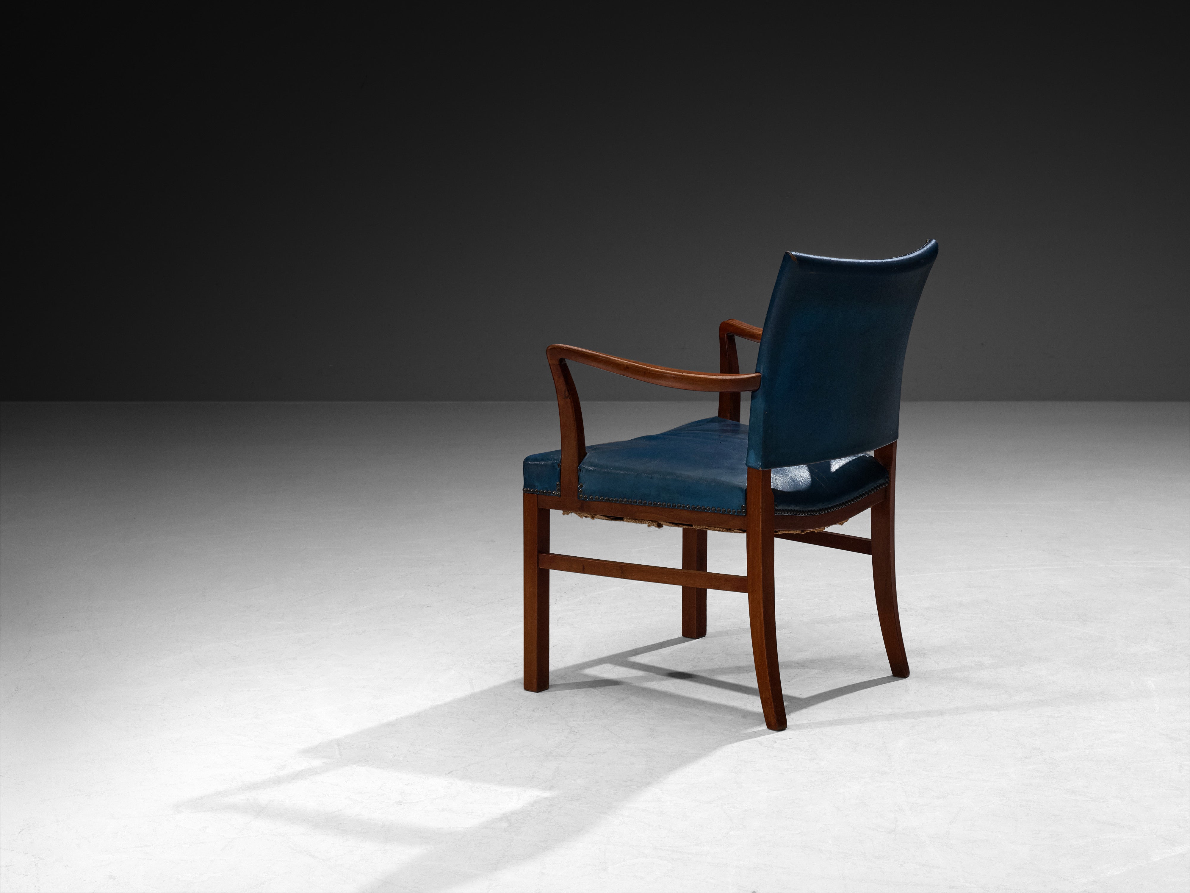 Danish Modern 1940s Armchair in Blue Leather and Mahogany Seating Morentz