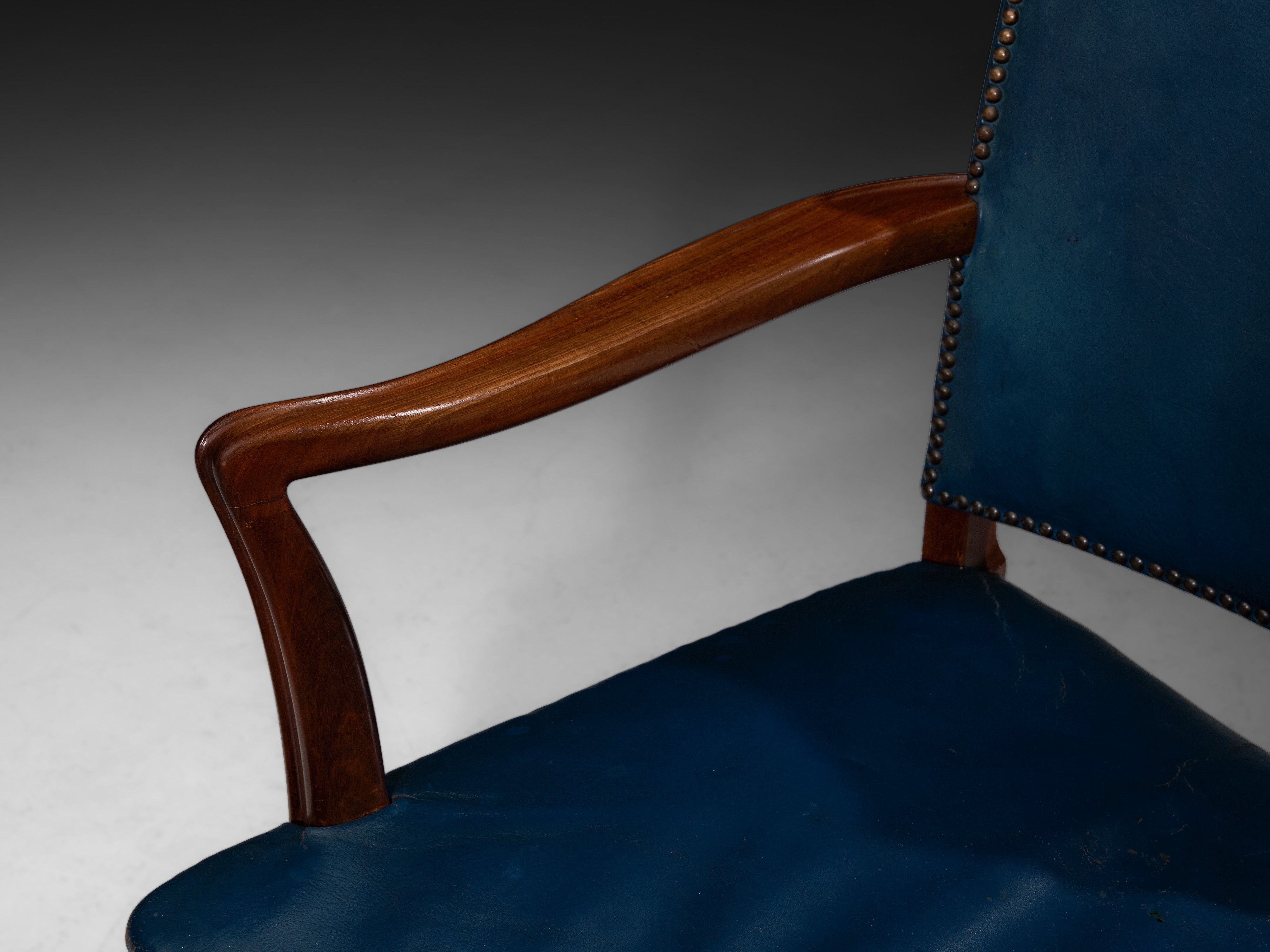 Danish Modern 1940s Armchair in Blue Leather and Mahogany Seating Morentz