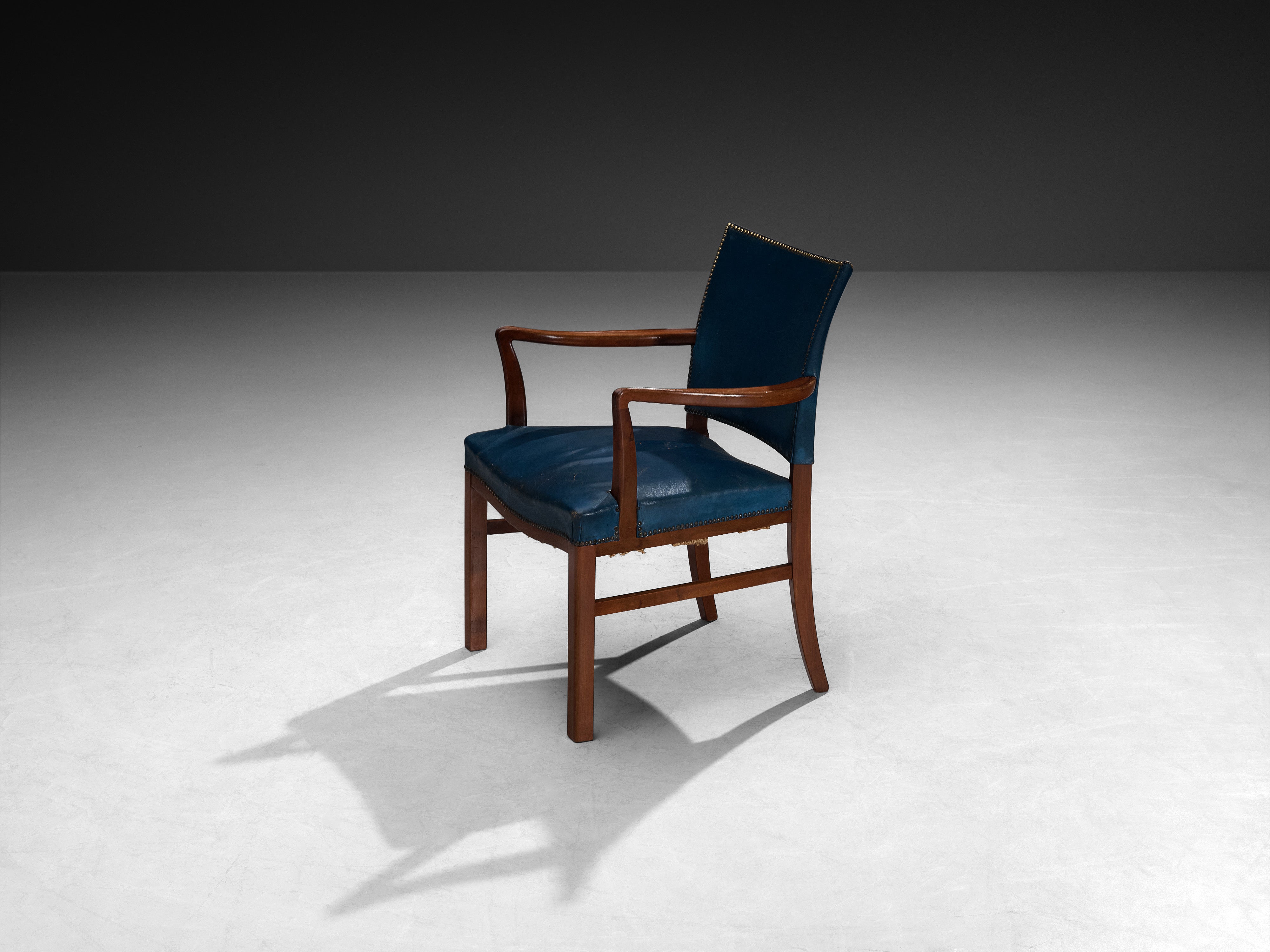 Danish Modern 1940s Armchair in Blue Leather and Mahogany Seating Morentz