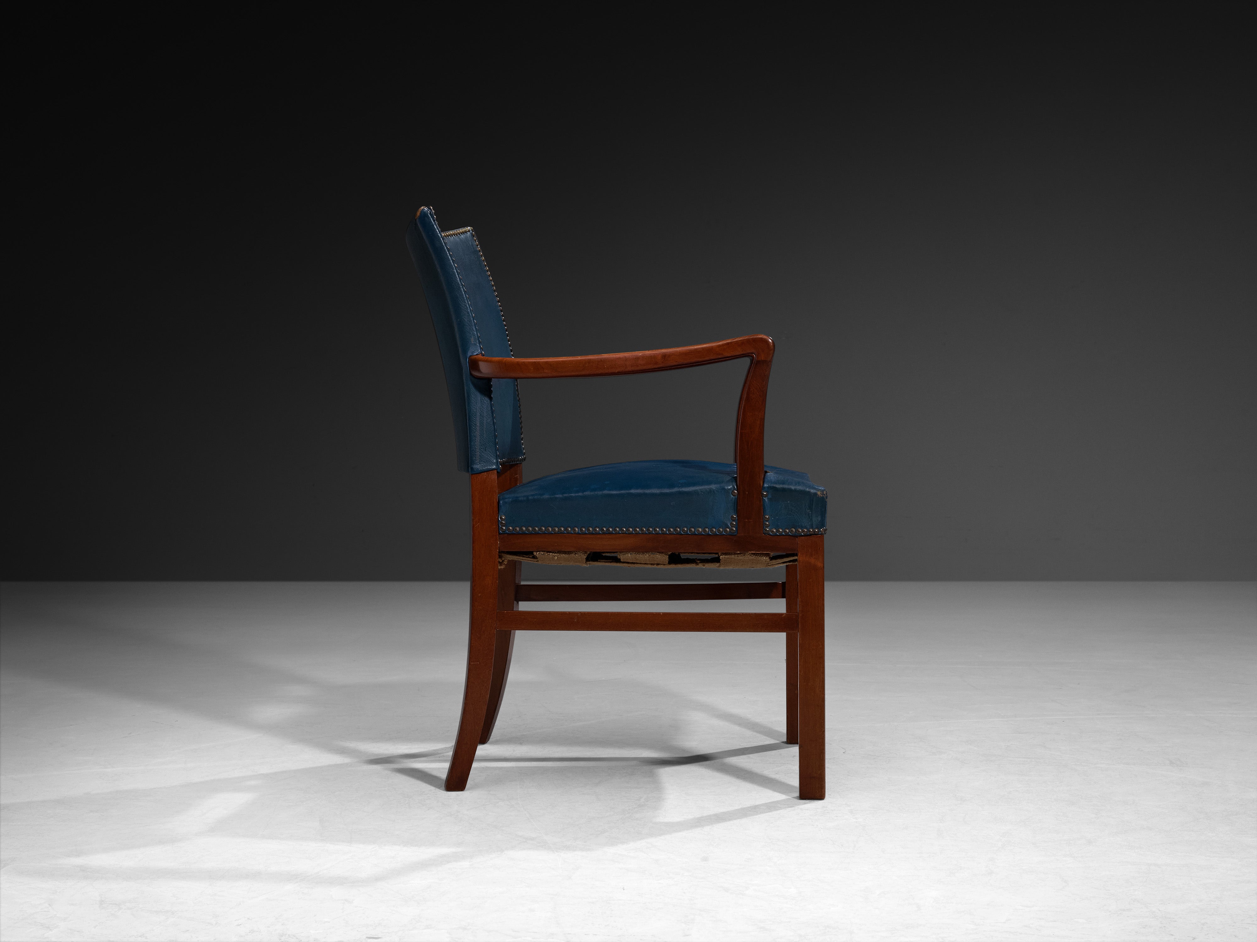 Danish Modern 1940s Armchair in Blue Leather and Mahogany Seating Morentz