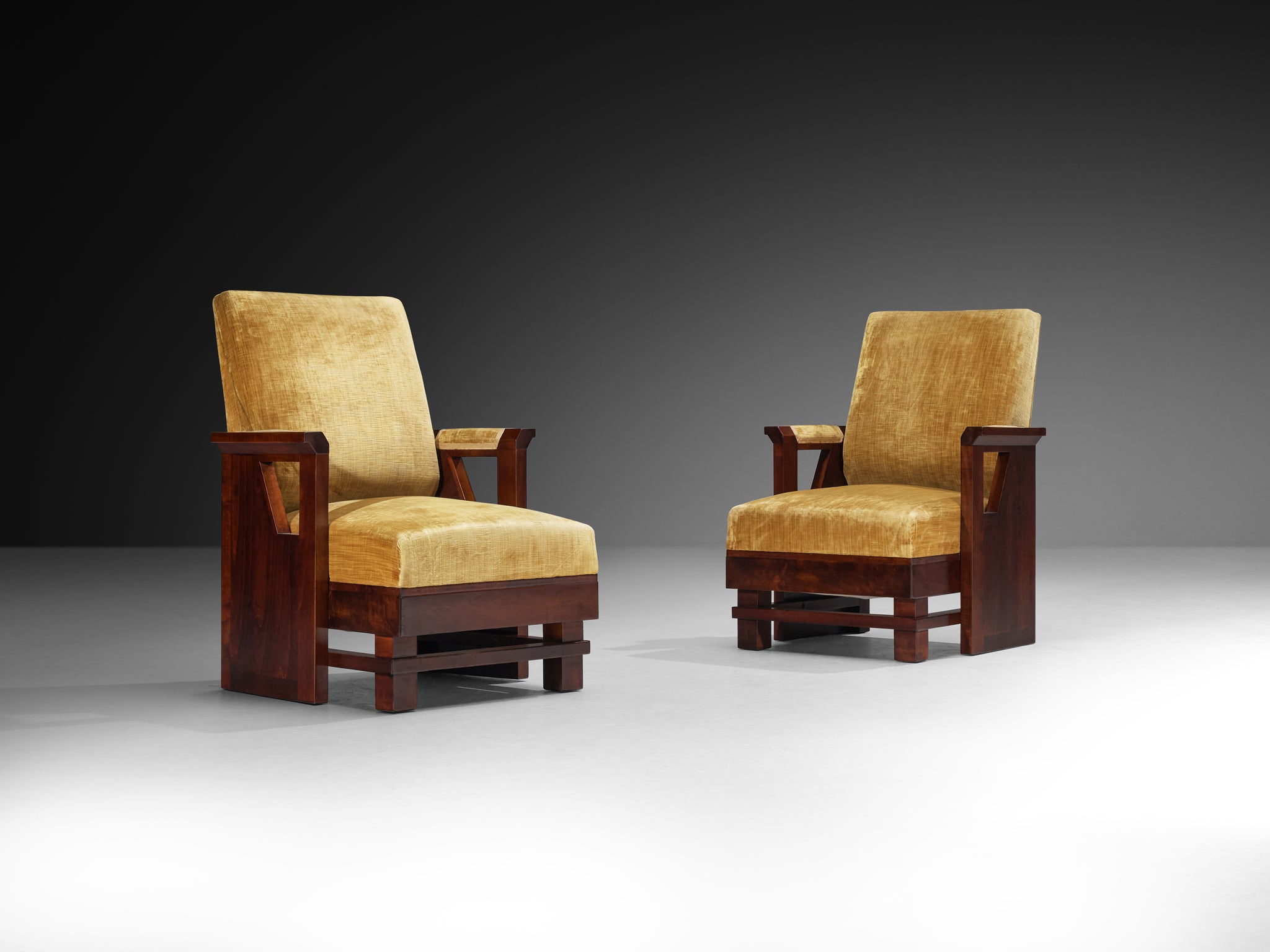 Italian Art Deco Armchairs in Lacquered Wood and Ochre Velvet Seating Morentz