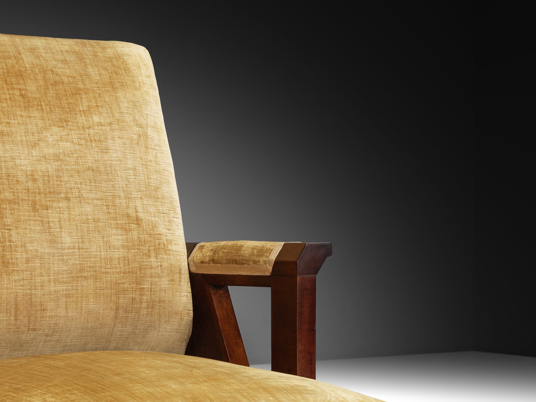 Pair of Italian Art Deco Armchairs in Wood and Ochre Velvet Seating Morentz
