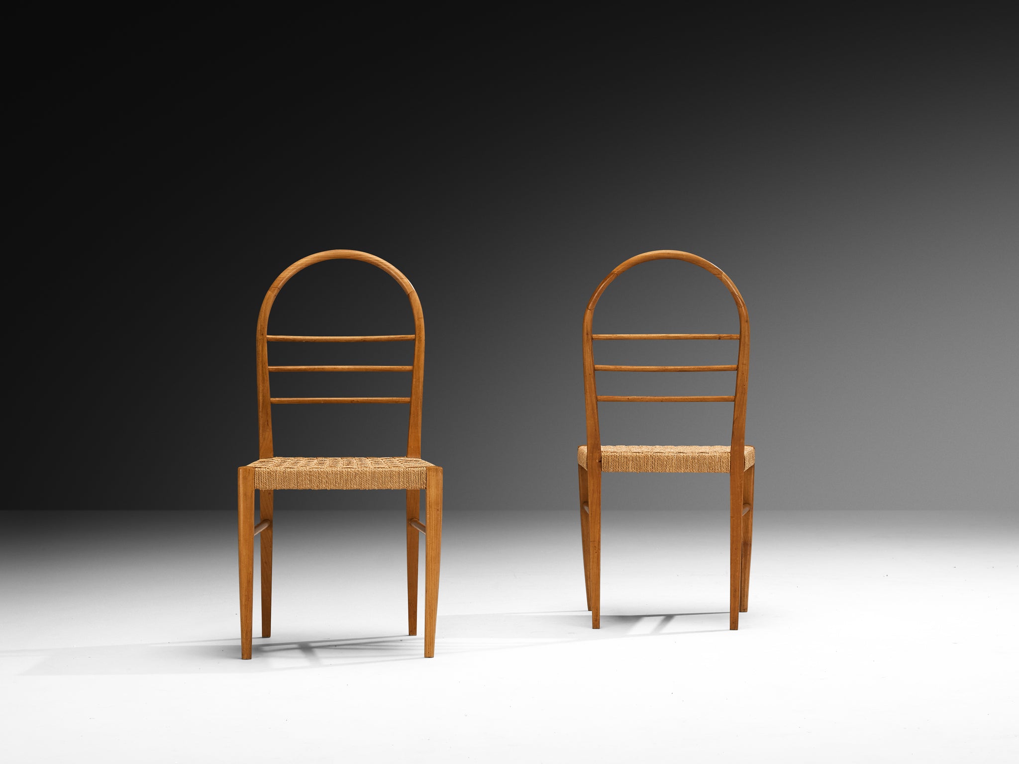 Mid-Century Set of Four Sculptural Dining Chairs in Cherry Wood with Rush Seats Seating Morentz