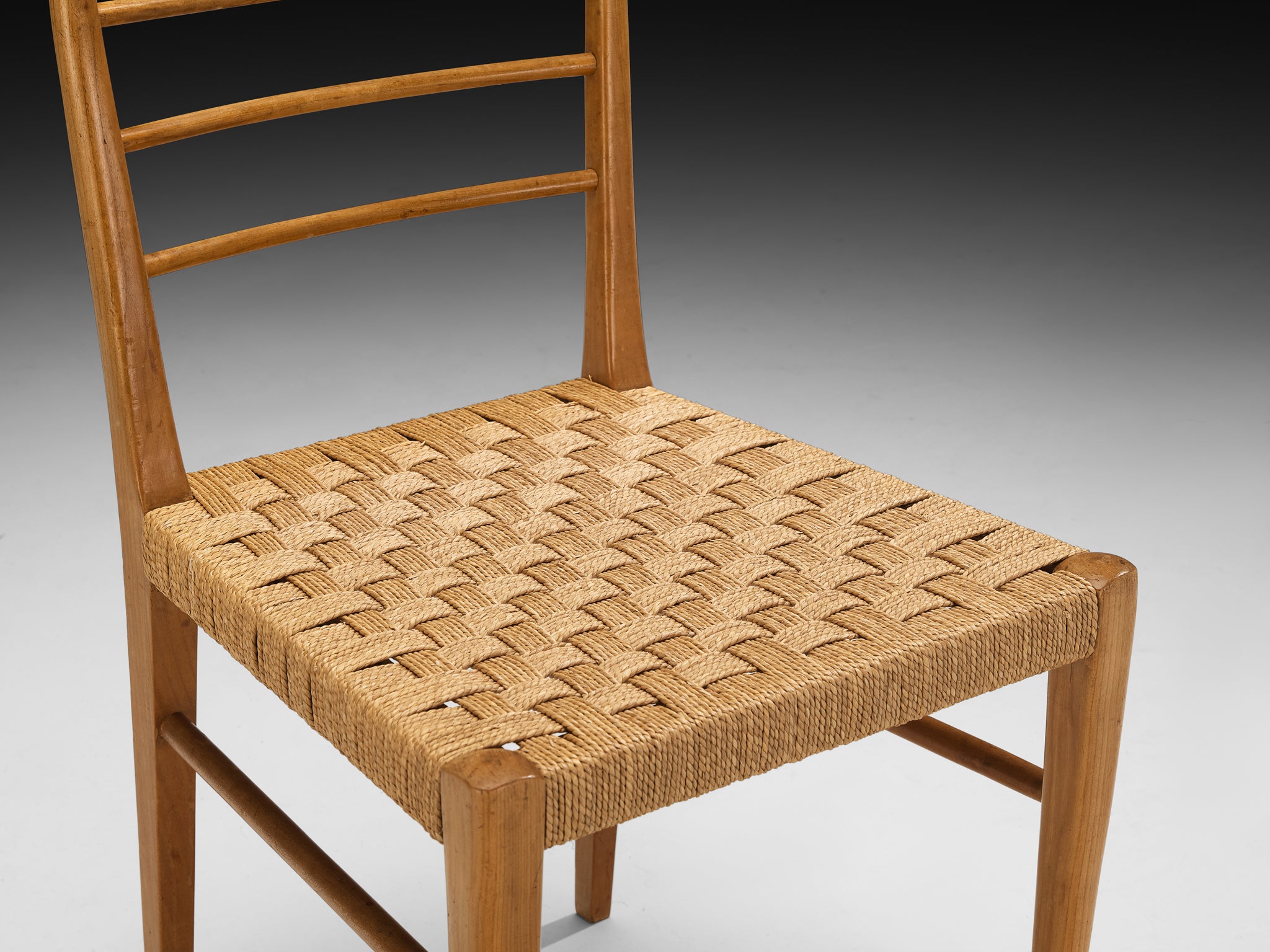 Mid-Century Set of Four Sculptural Dining Chairs in Cherry Wood with Rush Seats Seating Morentz