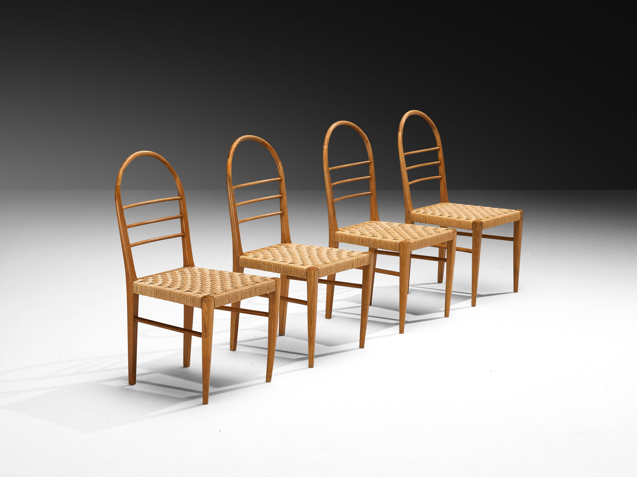 Mid-Century Set of Four Sculptural Dining Chairs in Cherry Wood with Rush Seats Seating Morentz