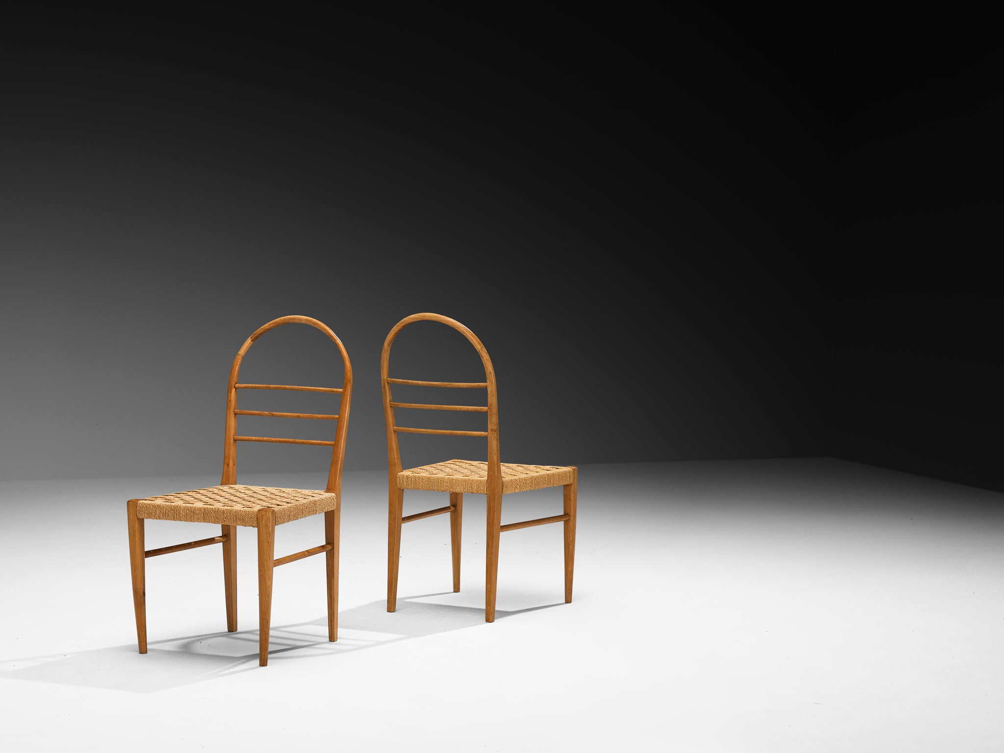 Mid-Century Set of Four Sculptural Dining Chairs in Cherry Wood with Rush Seats Seating Morentz