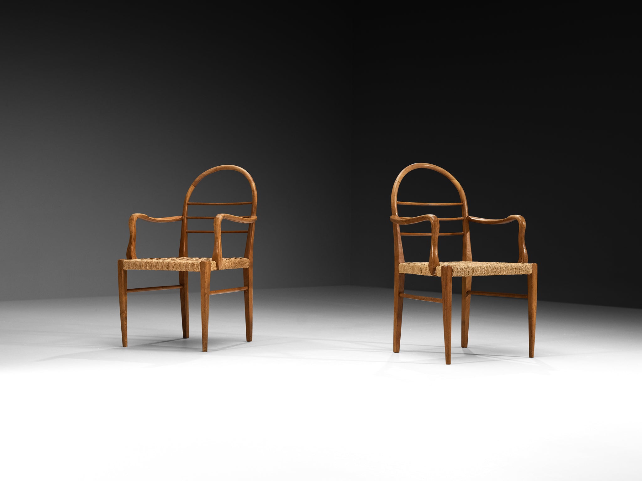 Mid-Century Pair of Sculptural Armchairs in Cherry Wood with Rush Seats Seating Morentz