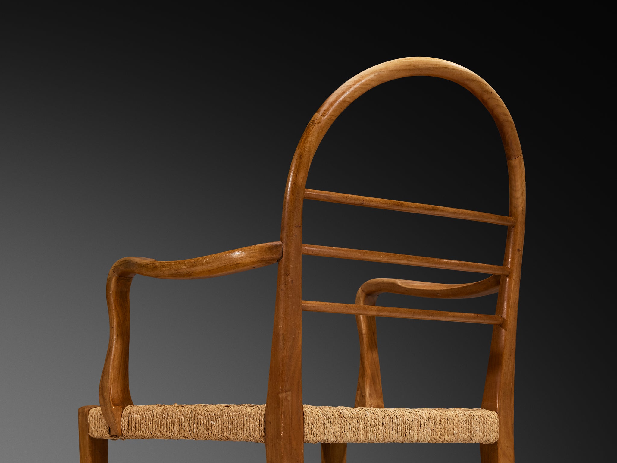 Mid-Century Pair of Sculptural Armchairs in Cherry Wood with Rush Seats Seating Morentz