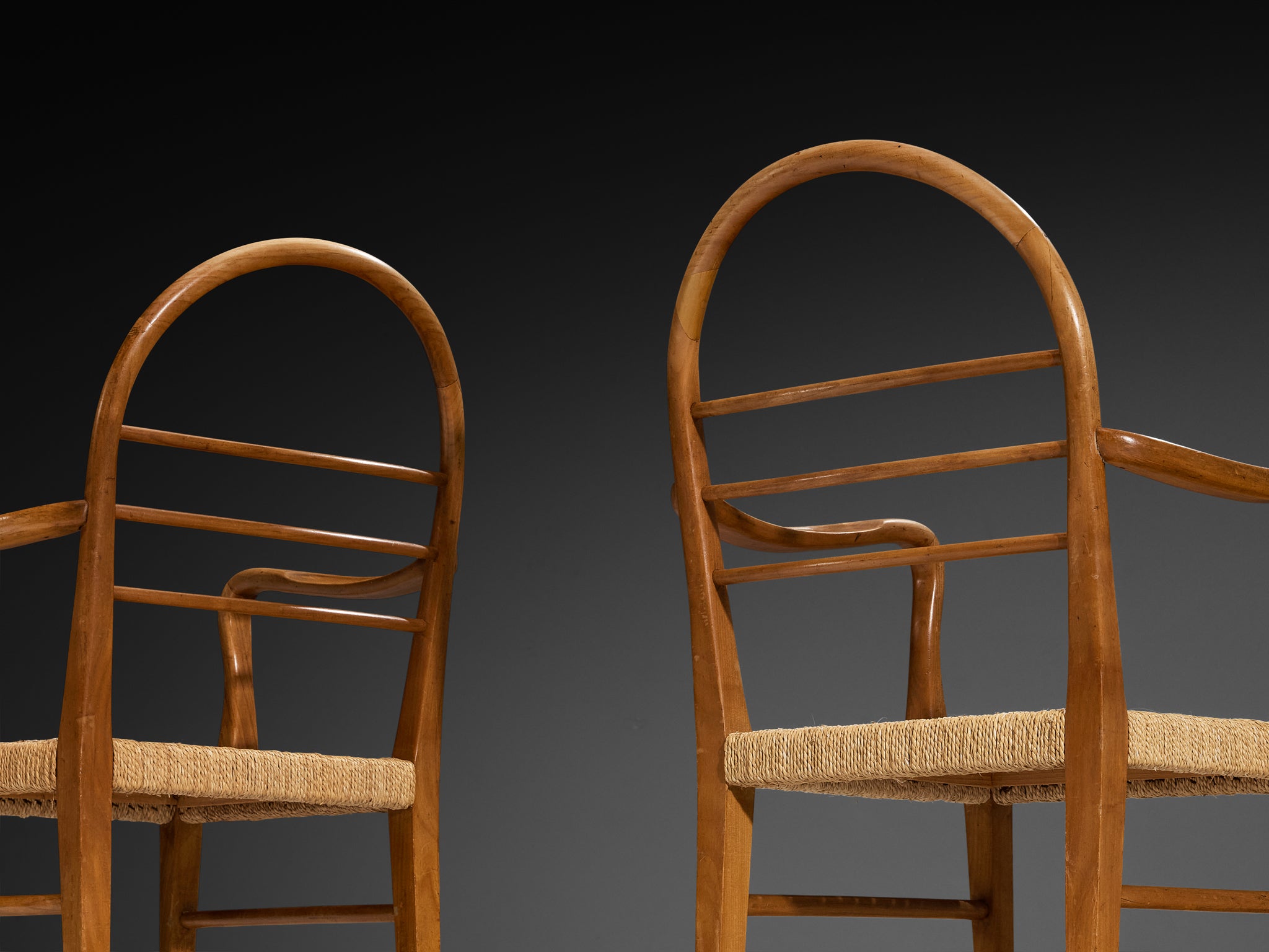 Mid-Century Pair of Sculptural Armchairs in Cherry Wood with Rush Seats Seating Morentz
