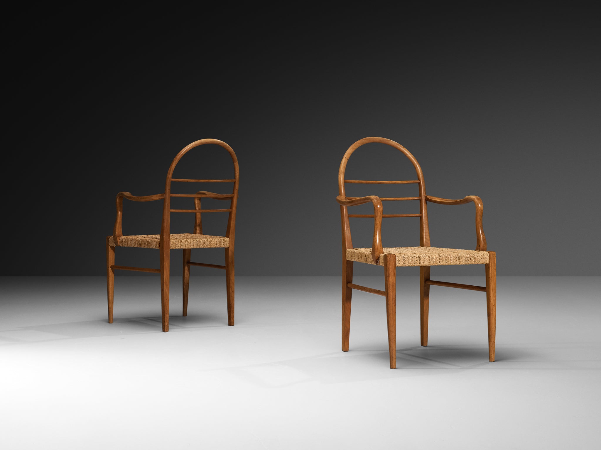 Mid-Century Pair of Sculptural Armchairs in Cherry Wood with Rush Seats Seating Morentz