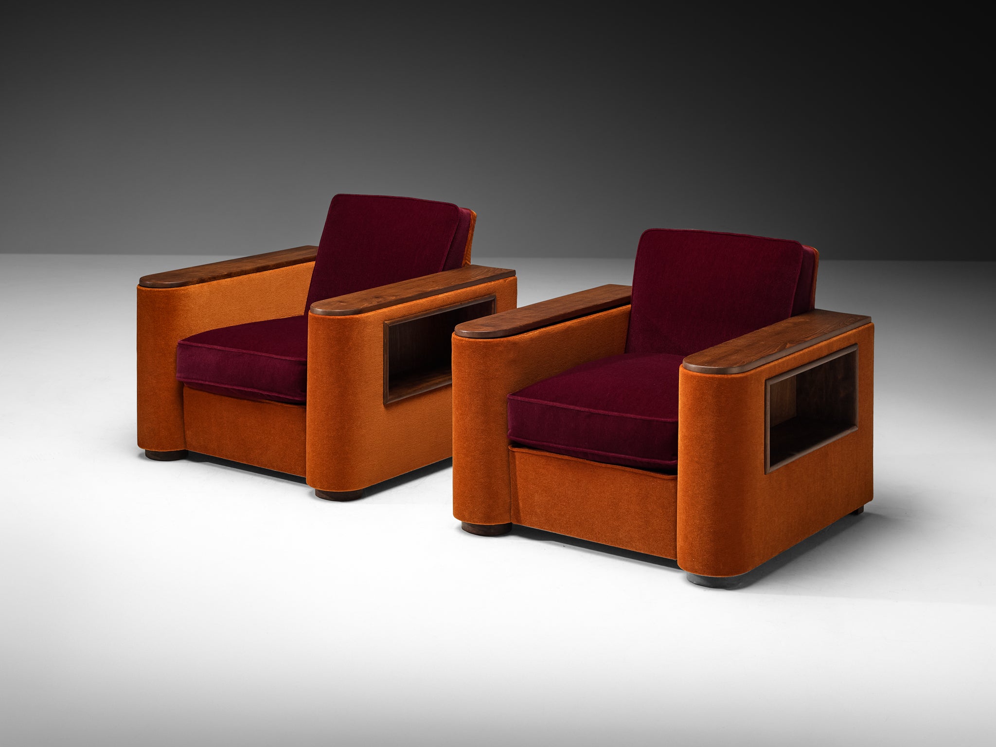 Rare Jean Pascaud Pair of Lounge Chairs with Compartments in Pierre Frey Mohair