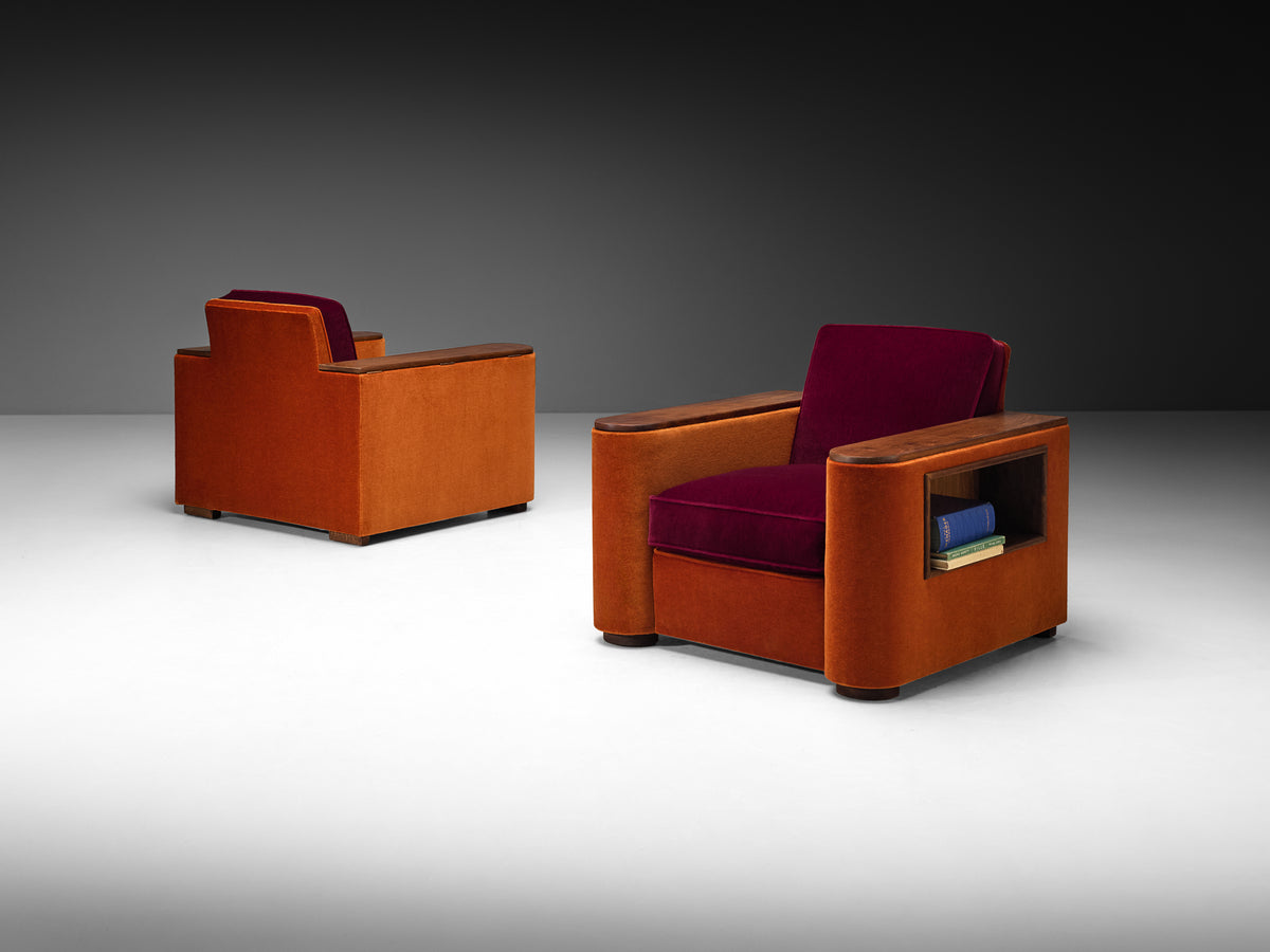Rare Jean Pascaud Pair of Lounge Chairs with Compartments in Pierre Frey Mohair Seating Morentz
