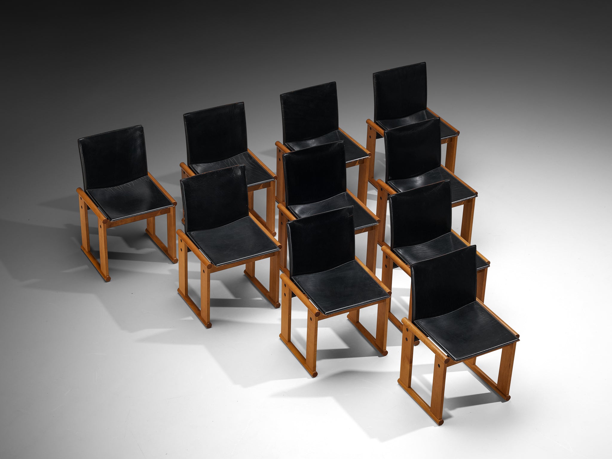 Afra & Tobia Scarpa Set of Ten Dining Chairs in Walnut and Black Saddle Leather Seating Morentz