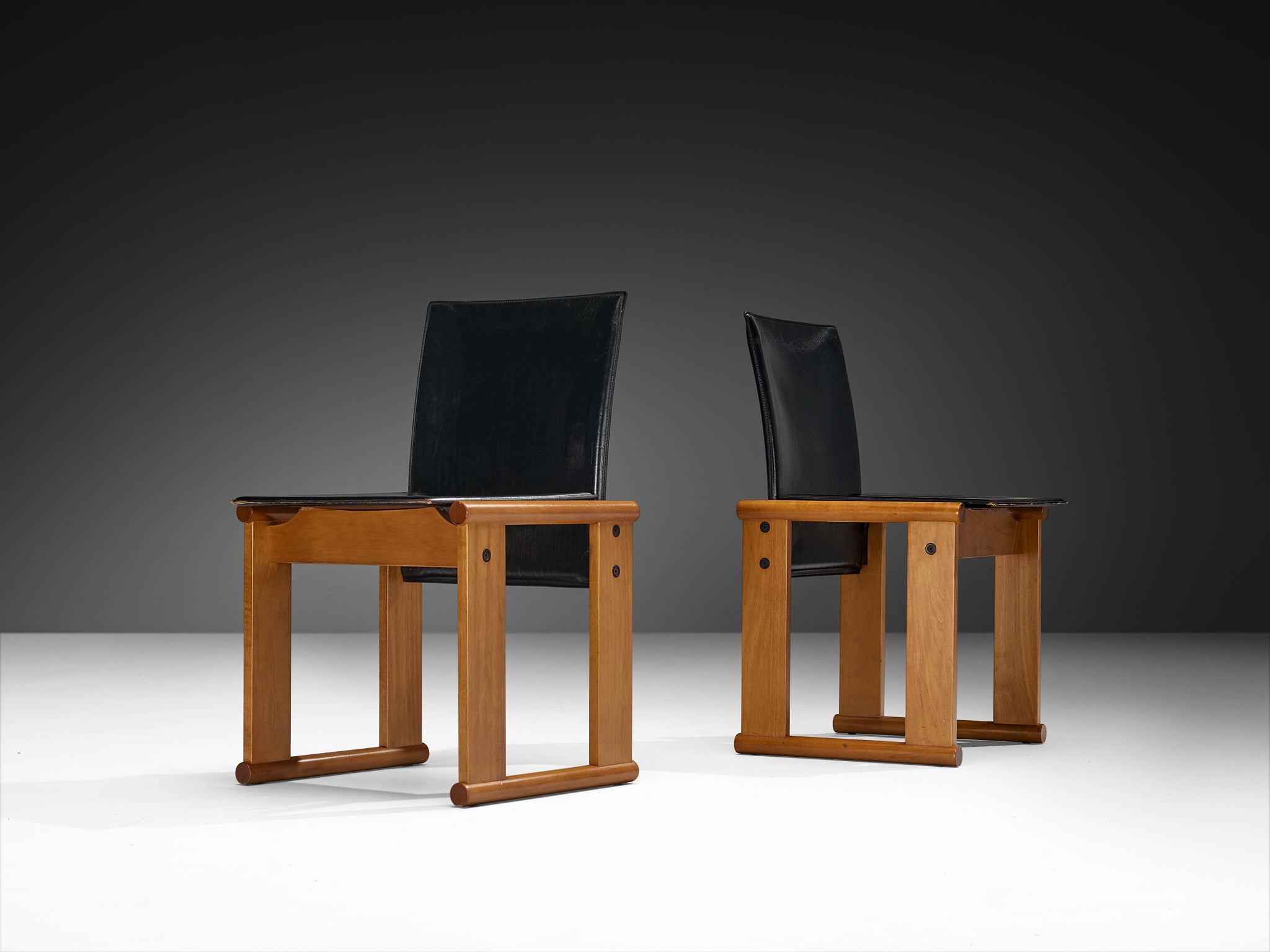 Afra & Tobia Scarpa Set of Ten Dining Chairs in Walnut and Black Saddle Leather Seating Morentz