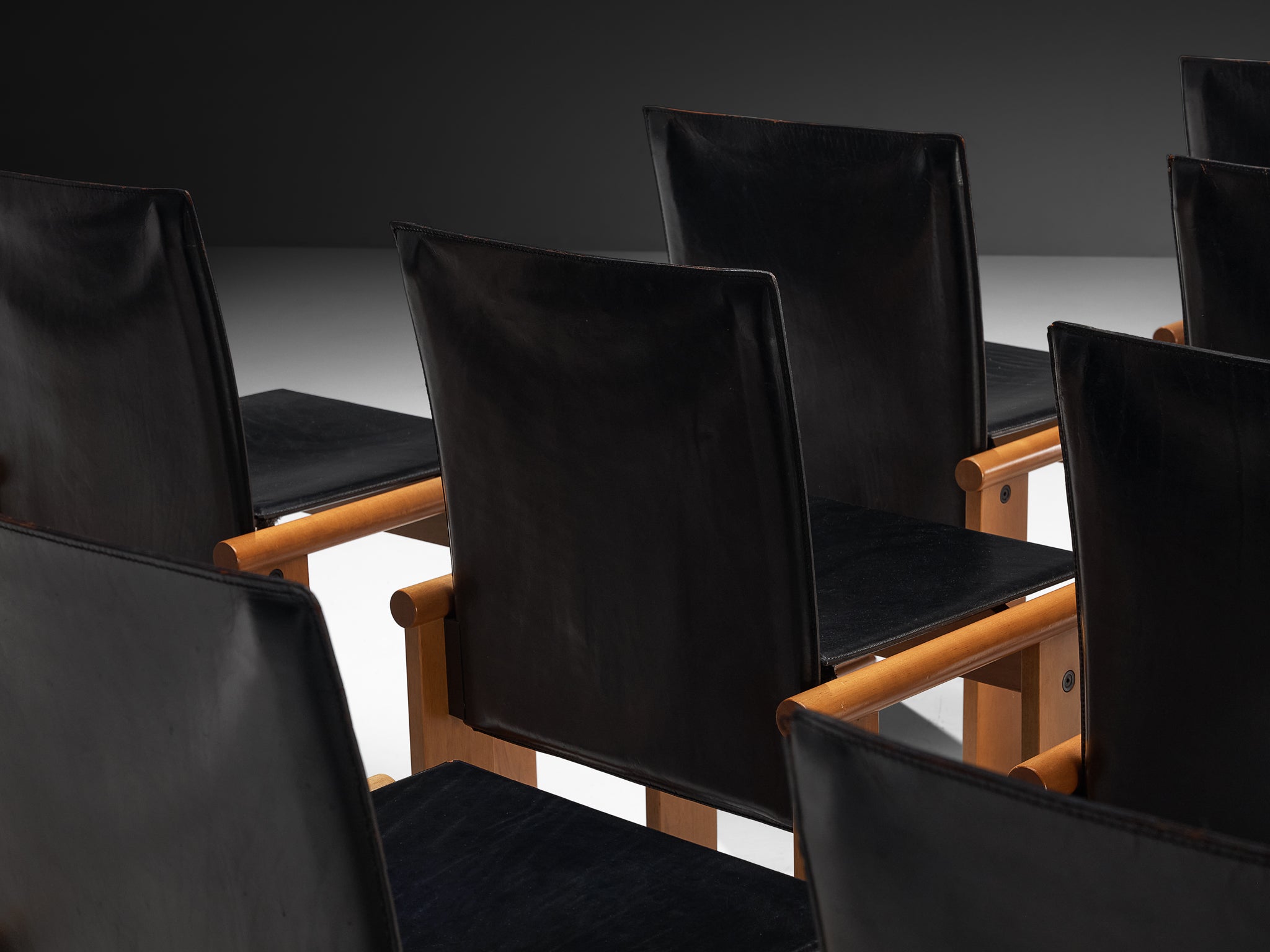 Afra & Tobia Scarpa Set of Ten Dining Chairs in Walnut and Black Saddle Leather Seating Morentz