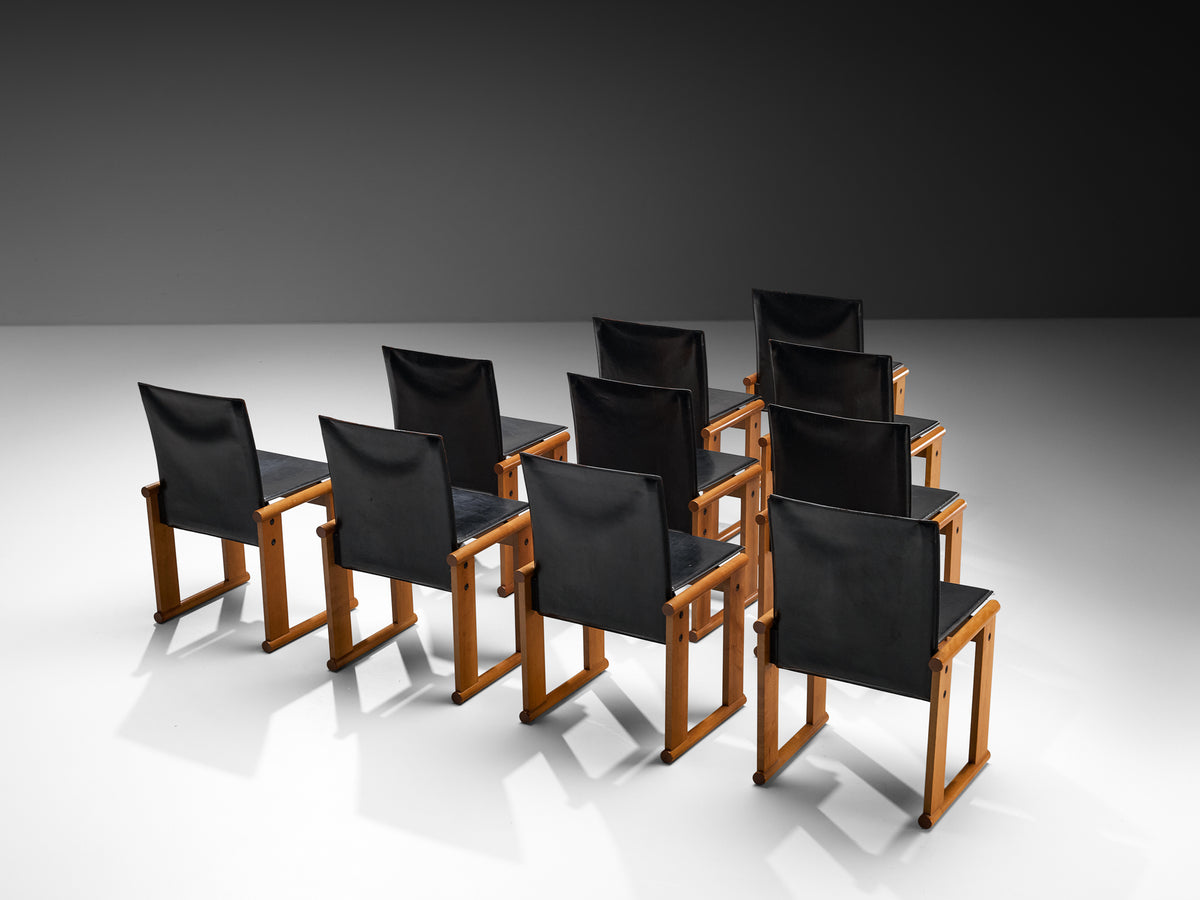 Afra & Tobia Scarpa Set of Ten Dining Chairs in Walnut and Black Saddle Leather Seating Morentz