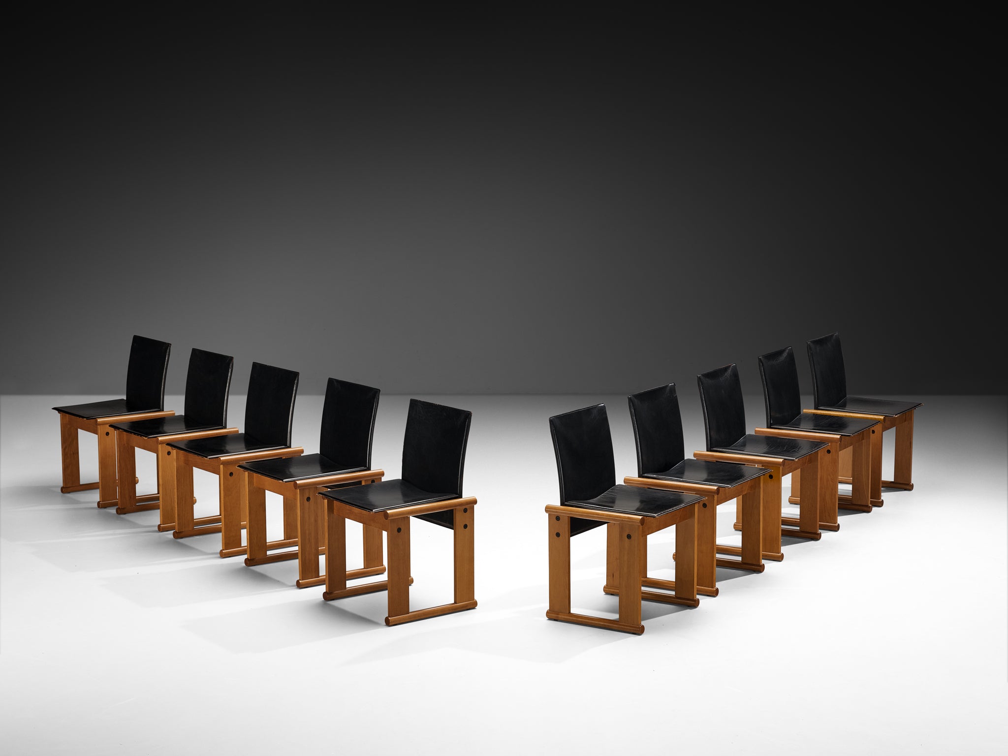 Afra & Tobia Scarpa Set of Ten Dining Chairs in Walnut and Black Saddle Leather Seating Morentz