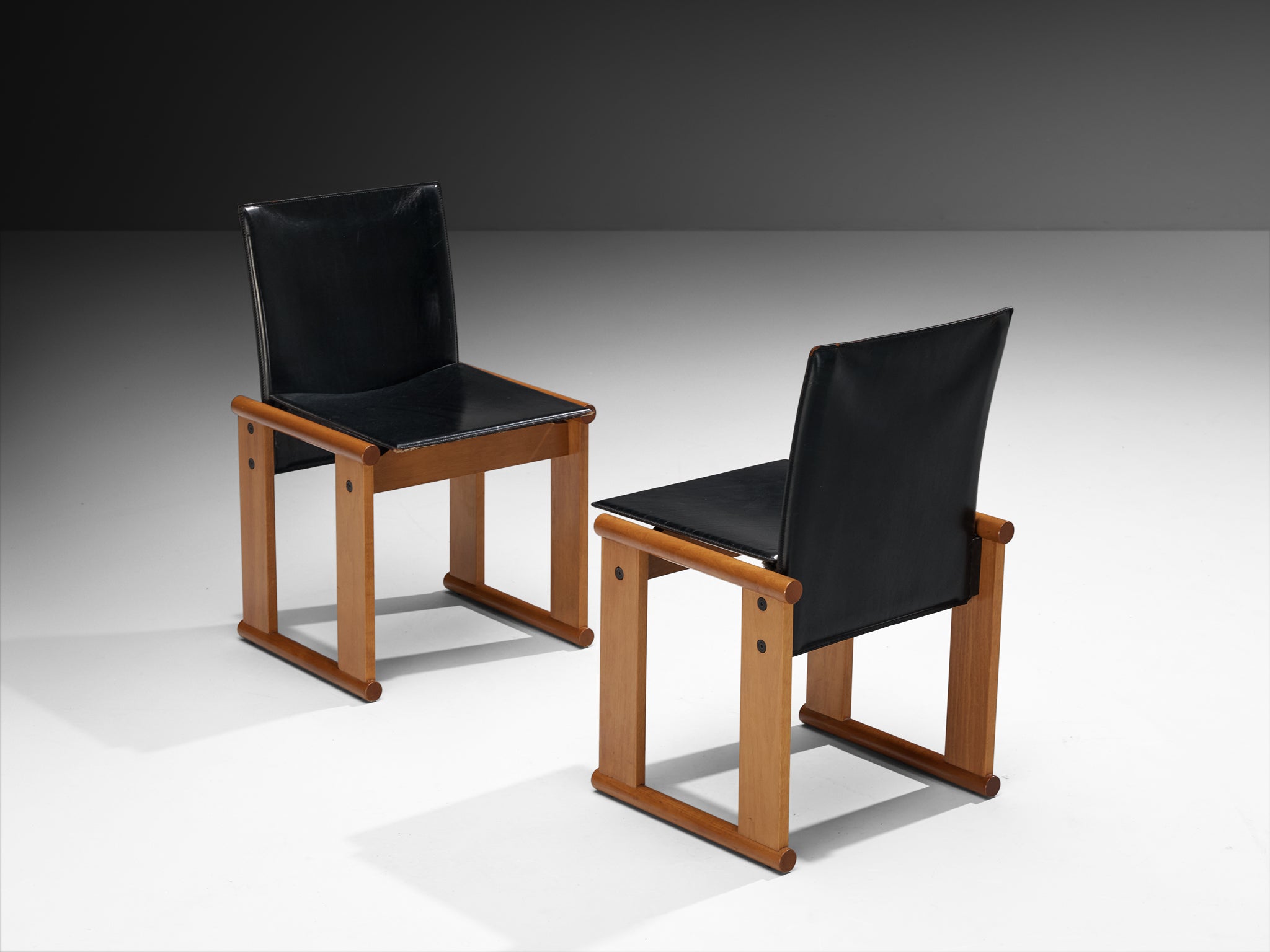 Afra & Tobia Scarpa Set of Ten Dining Chairs in Walnut and Black Saddle Leather Seating Morentz