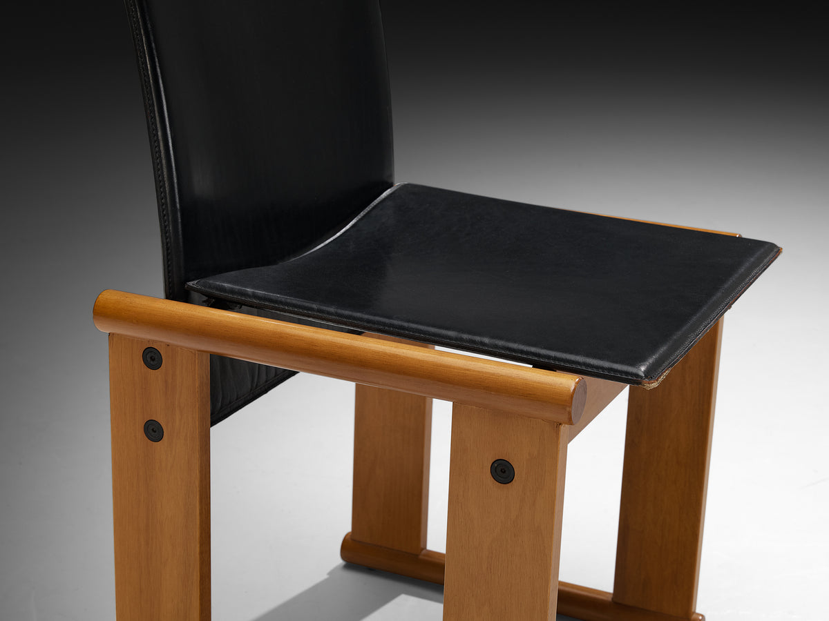 Afra & Tobia Scarpa Set of Ten Dining Chairs in Walnut and Black Saddle Leather Seating Morentz