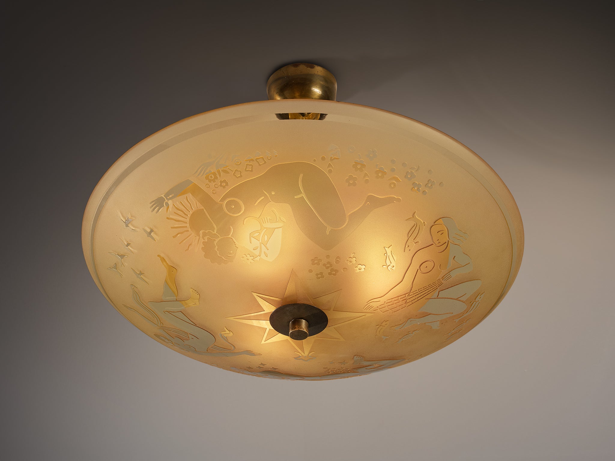 Edward Hald for Orrefors Chandelier in Brass and Glass Lighting Morentz