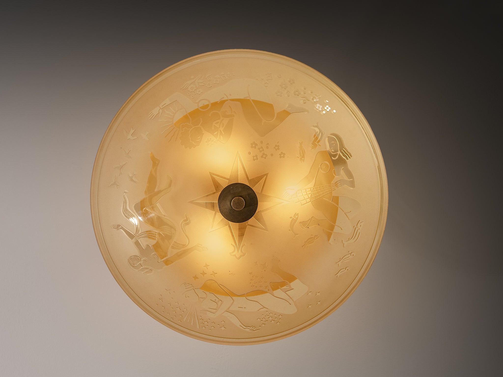 Edward Hald for Orrefors Chandelier in Brass and Glass Lighting Morentz