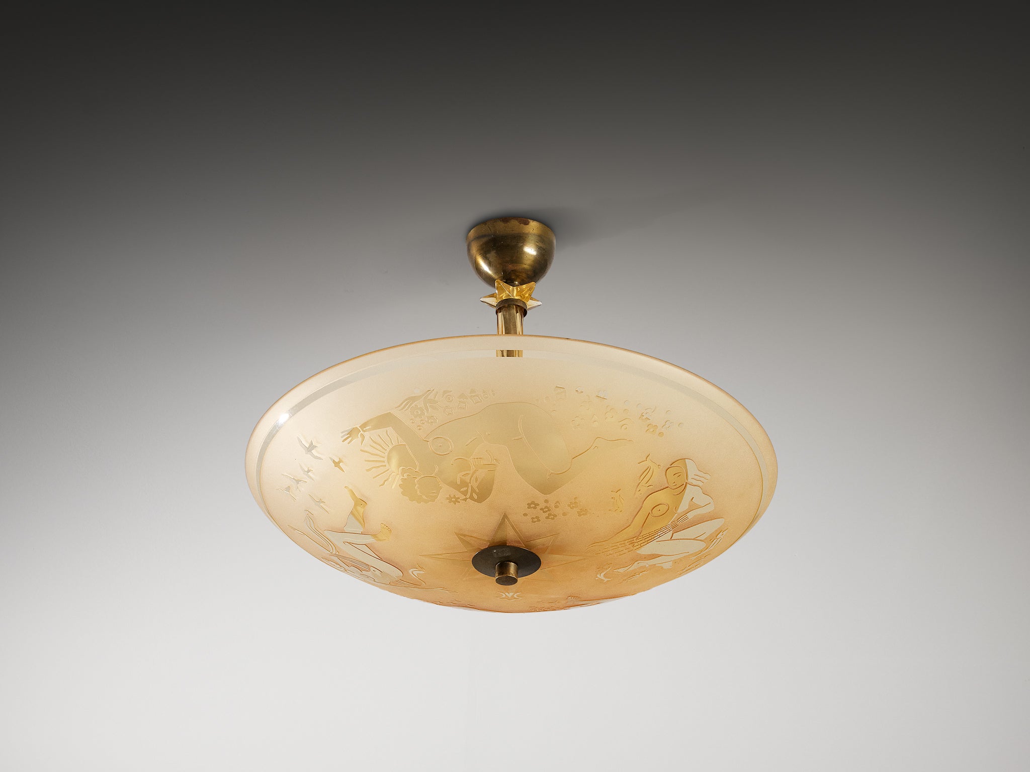 Edward Hald for Orrefors Chandelier in Brass and Glass Lighting Morentz