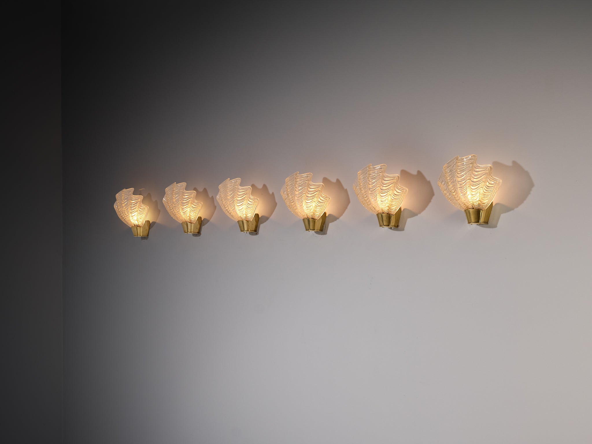 Set of Six ASEA 'Coquille' Shell Shaped Wall Lights in Brass and Glass Lighting Morentz