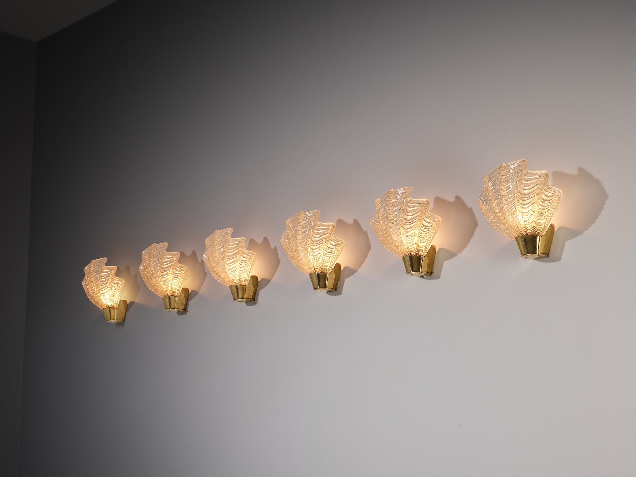 Set of Six ASEA 'Coquille' Shell Shaped Wall Lights in Brass and Glass Lighting Morentz