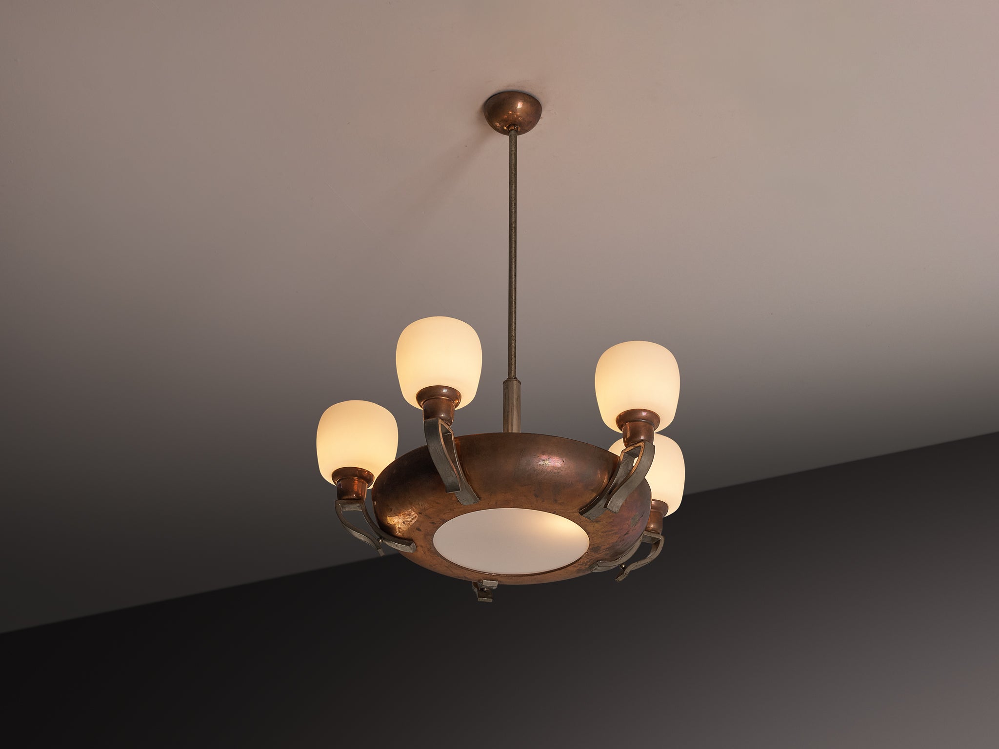 Italian Art Deco Chandelier in Copper and Brass Lighting Morentz
