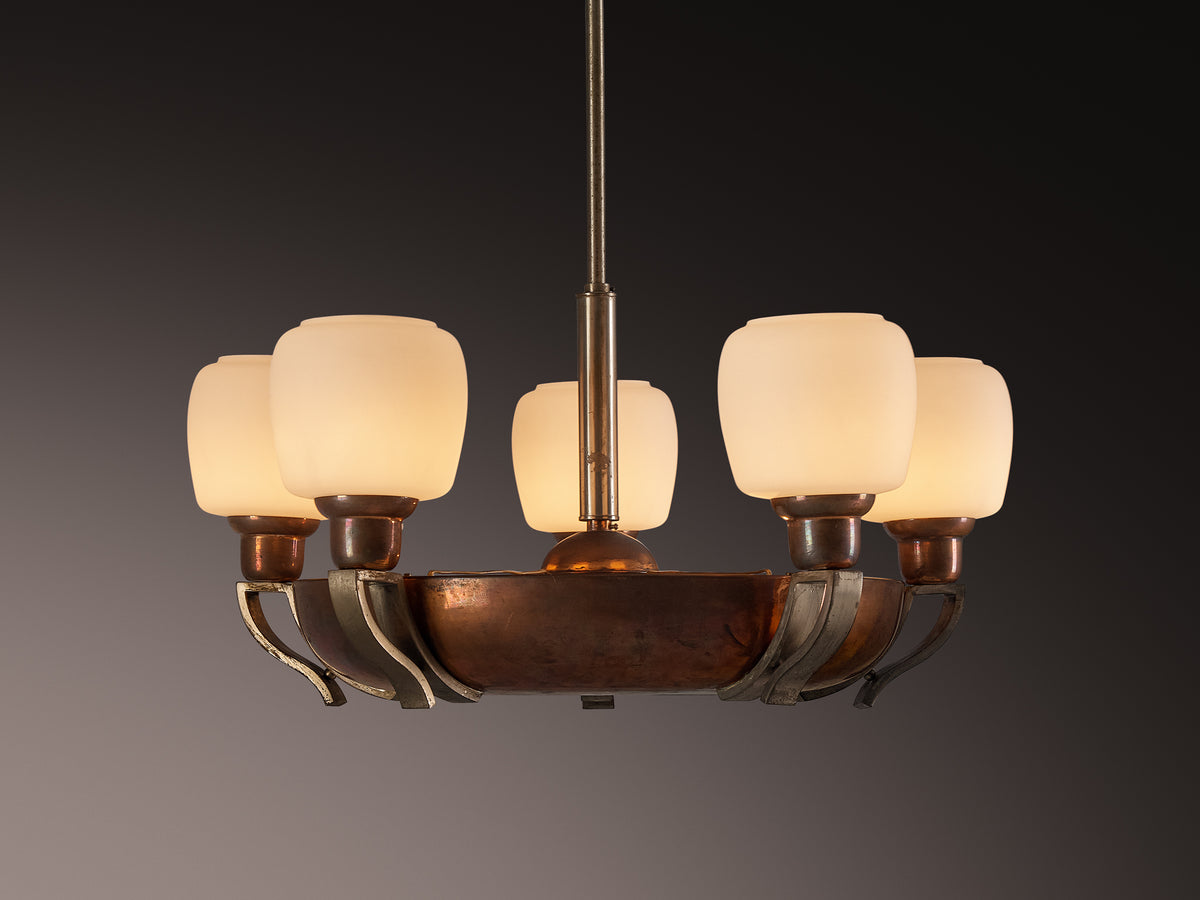 Italian Art Deco Chandelier in Copper and Brass Lighting Morentz