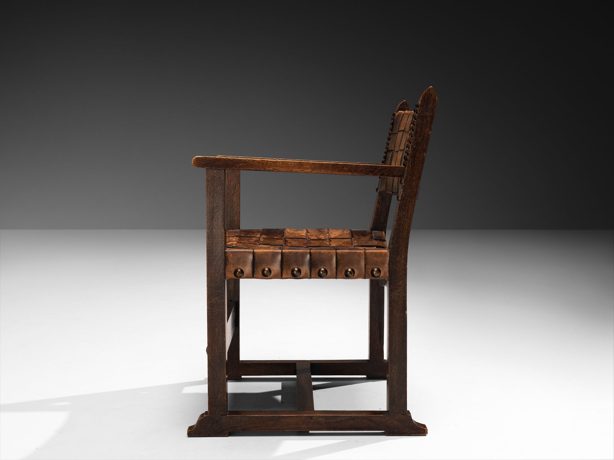 Heinrich Kulka for Gebrüder Thonet Arts and Crafts Chair in Oak and Leather Seating Morentz