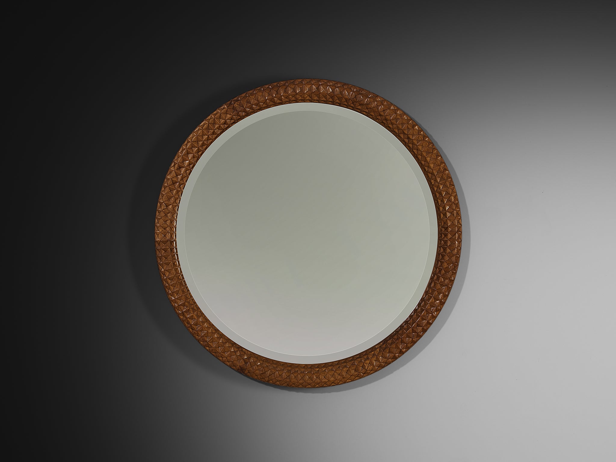 Giuseppe Rivadossi for Officina Rivadossi Round Mirror in Oak Wood