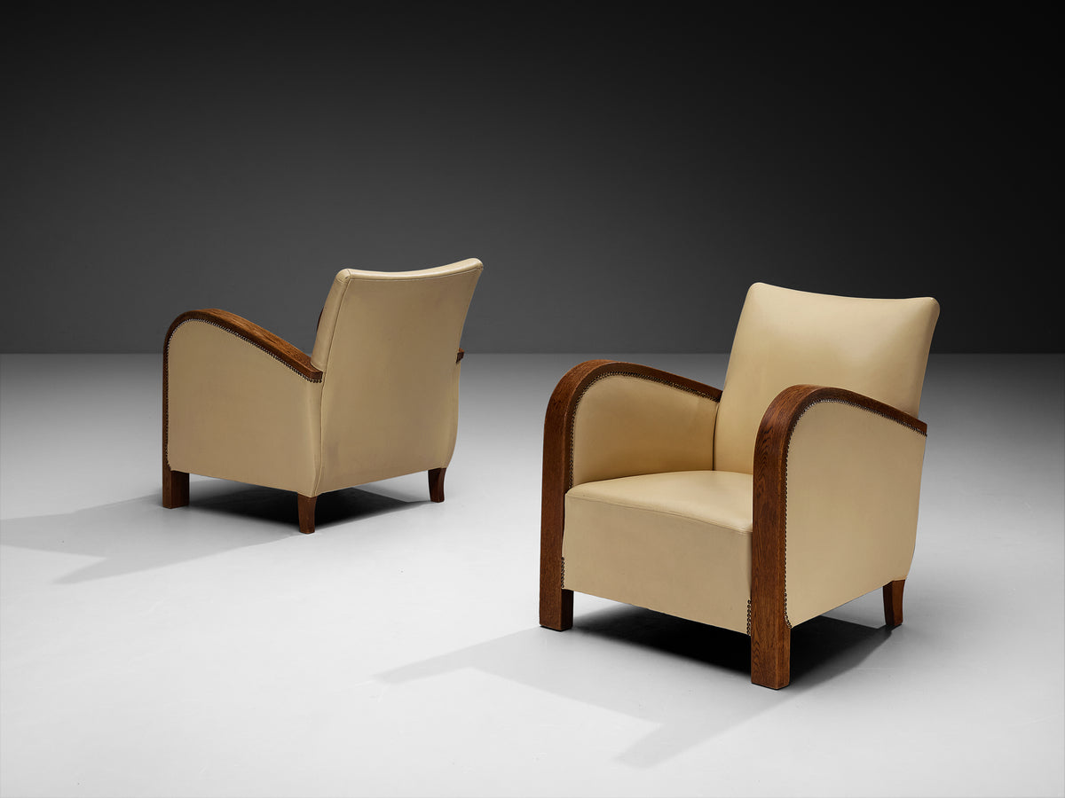 Pair of Sculptural Art Deco Armchairs with Brass Detailing Seating Morentz
