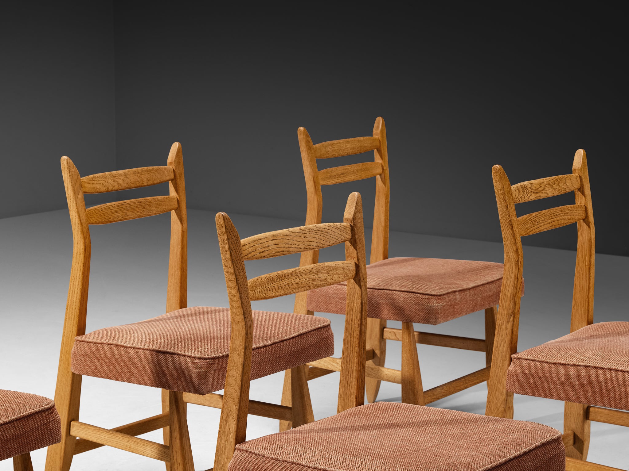 Guillerme & Chambron for Votre Maison Set of Six Dining Chairs in Oak Orange Seats Seating Morentz