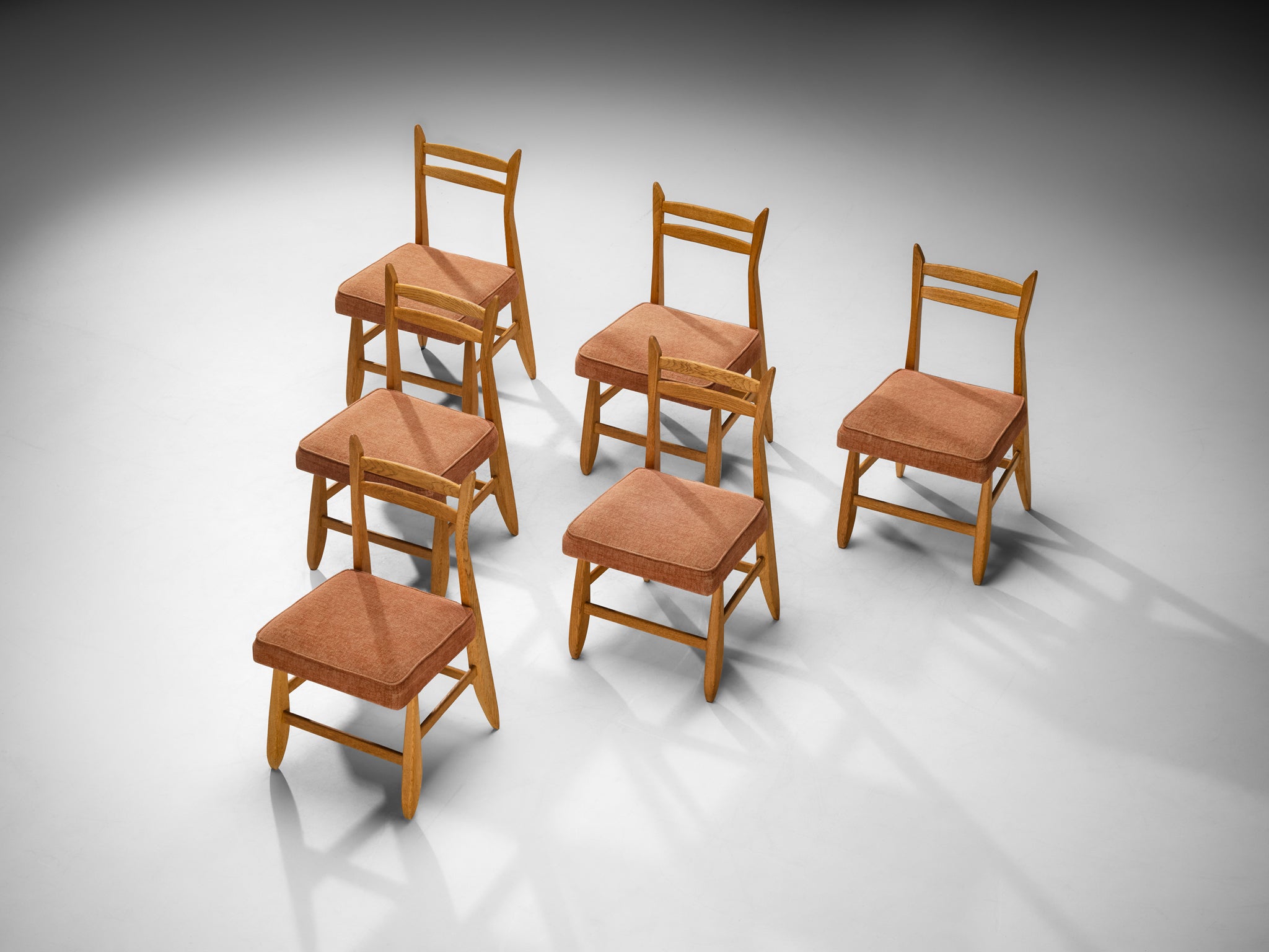 Guillerme & Chambron for Votre Maison Set of Six Dining Chairs in Oak Orange Seats Seating Morentz