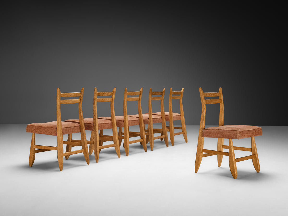 Guillerme & Chambron for Votre Maison Set of Six Dining Chairs in Oak Orange Seats Seating Morentz
