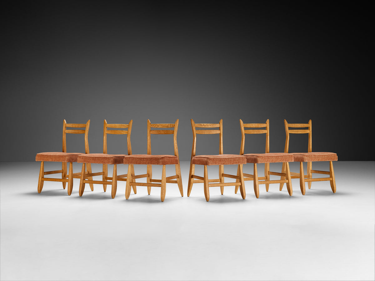 Guillerme & Chambron for Votre Maison Set of Six Dining Chairs in Oak Orange Seats Seating Morentz